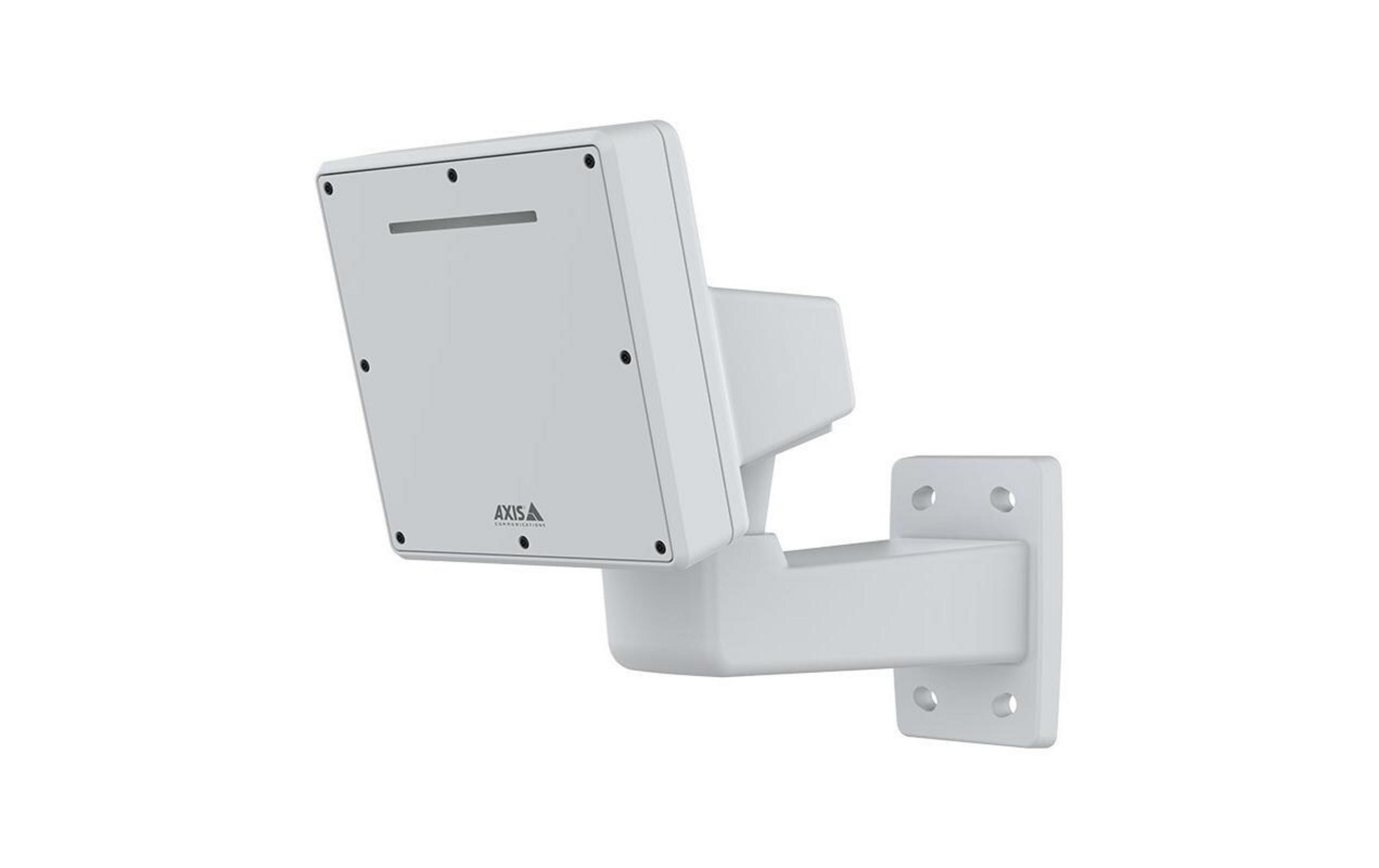Une caméra de sécurité blanche avec un support Axis et un boîtier blanc.