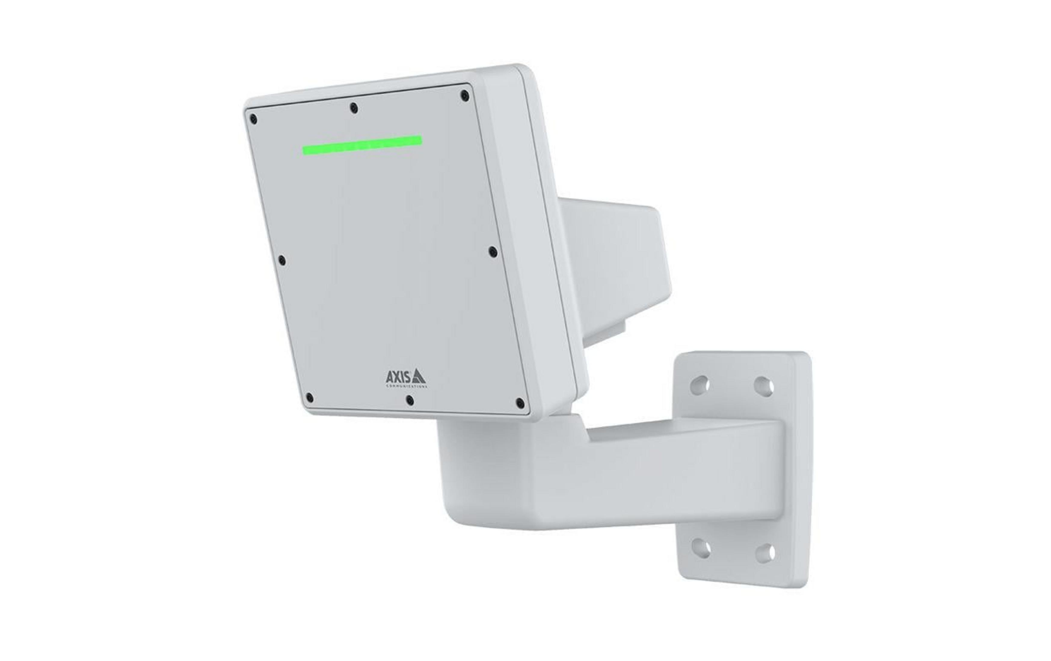 Une caméra de sécurité blanche avec une barre lumineuse verte, montée sur un support blanc.