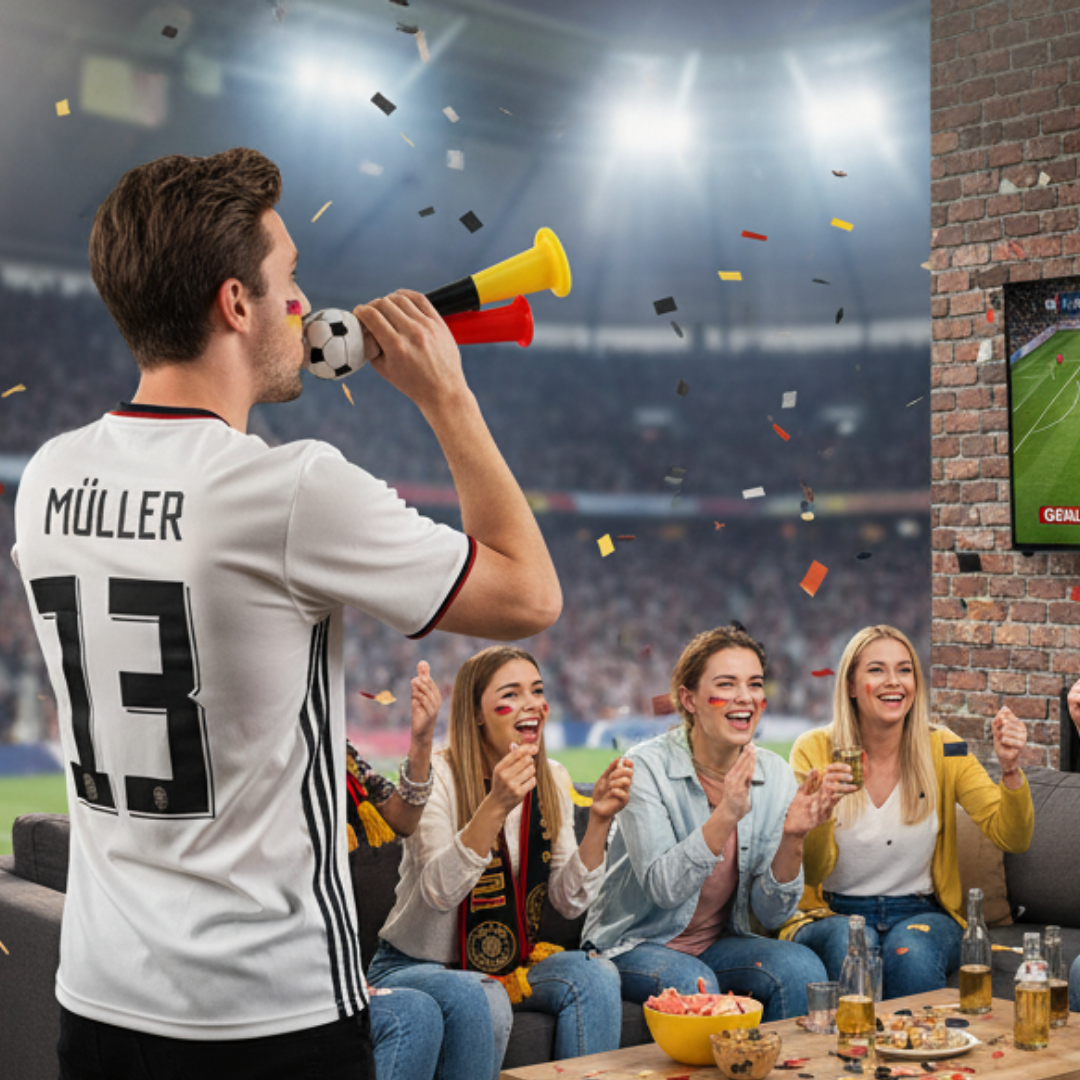 Fans jubeln vor einem Bildschirm mit Konfetti, während ein Mann mit Tröte spielt.