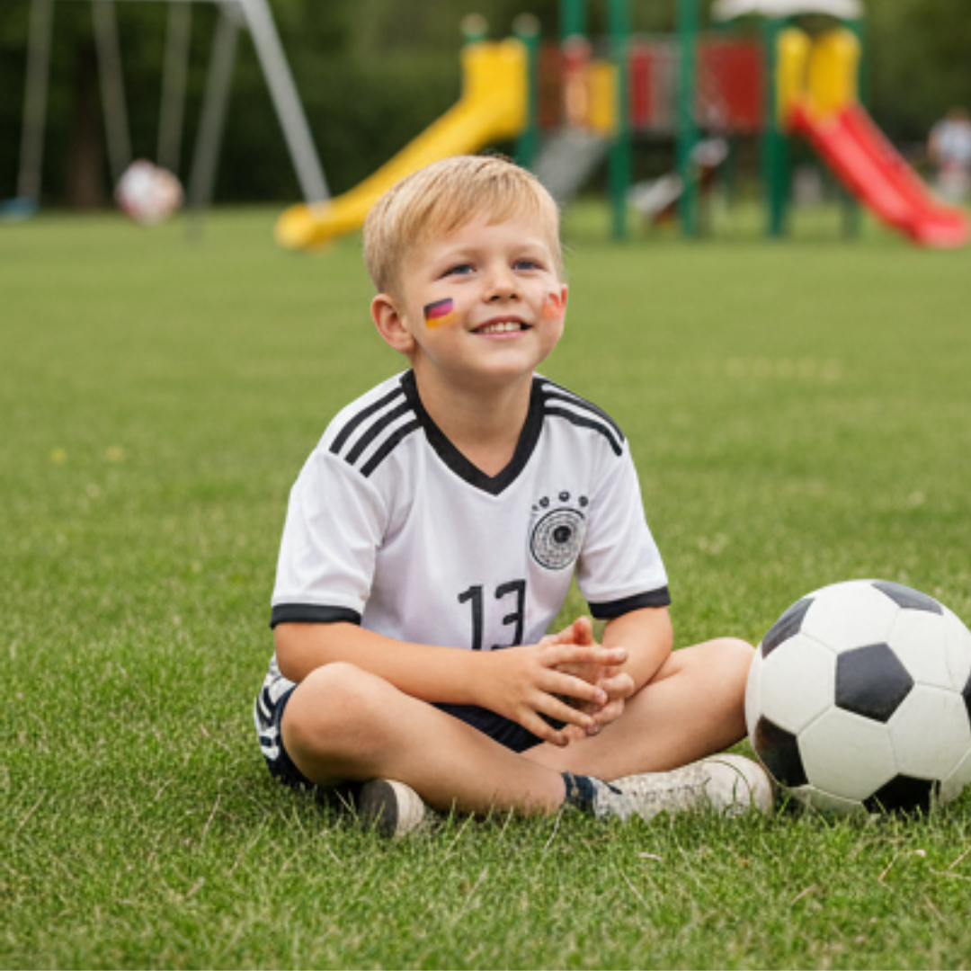 Junge mit Deutschland-Trikot und Deutschlandflagge auf der Wange sitzt auf Rasen neben Fußball.