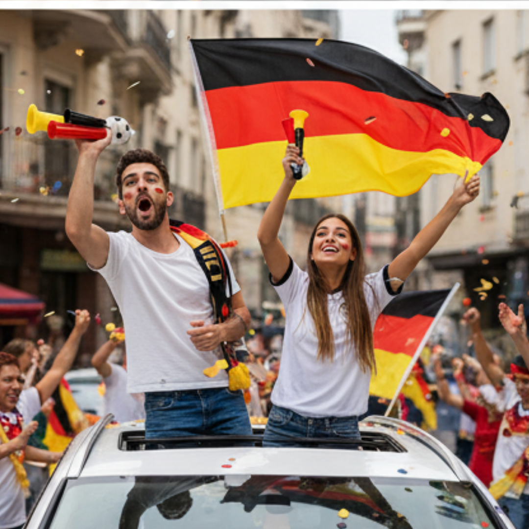 Fans im Auto feiern mit Deutschlandflagge, Konfetti und Tröten.