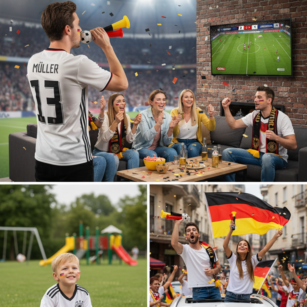 Fußballfans jubeln, schauen Spiel im Fernsehen, spielen im Park und feiern auf der Straße.