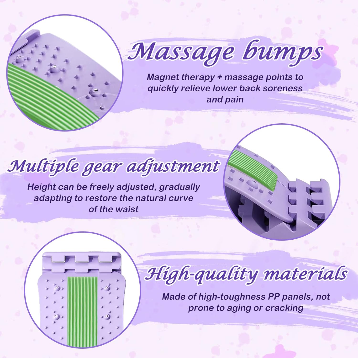 Lila Massagegerät mit Akupunkturpunkten, verstellbarer Höhe und hochwertigen Materialien.