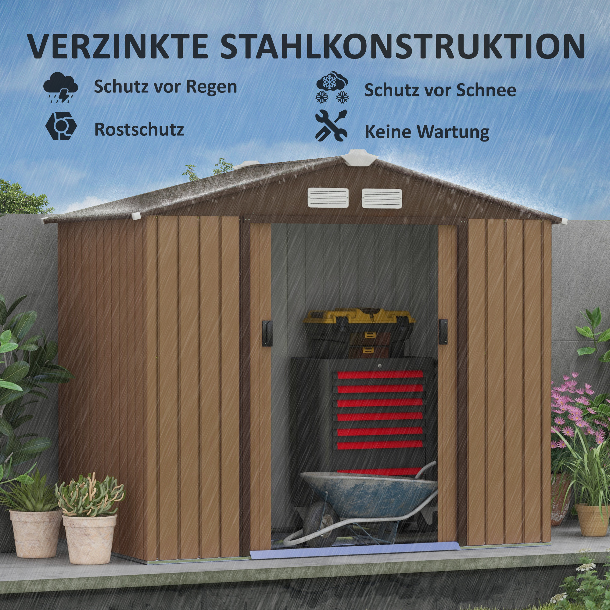Ein brauner Geräteschuppen bei Regen, mit Werkzeugkasten und Schubkarre darin.