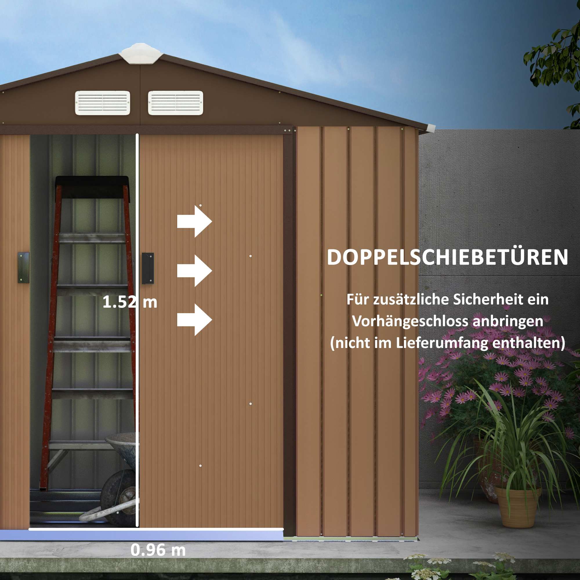 Braunes Gartenschuppen mit Doppelschiebetüren, Leiter und Schubkarre innen.