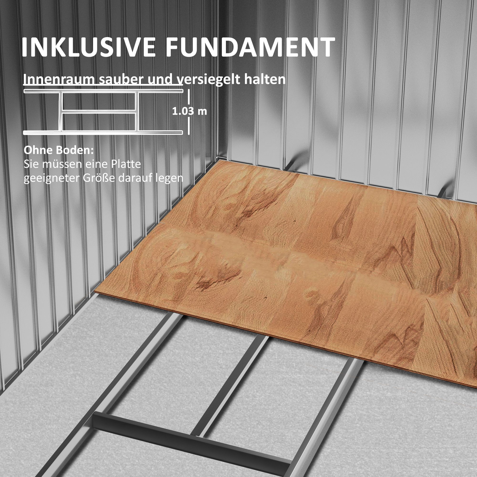 Ein Holzboden liegt auf Metallträgern über grauem Untergrund. Wände sind grau.