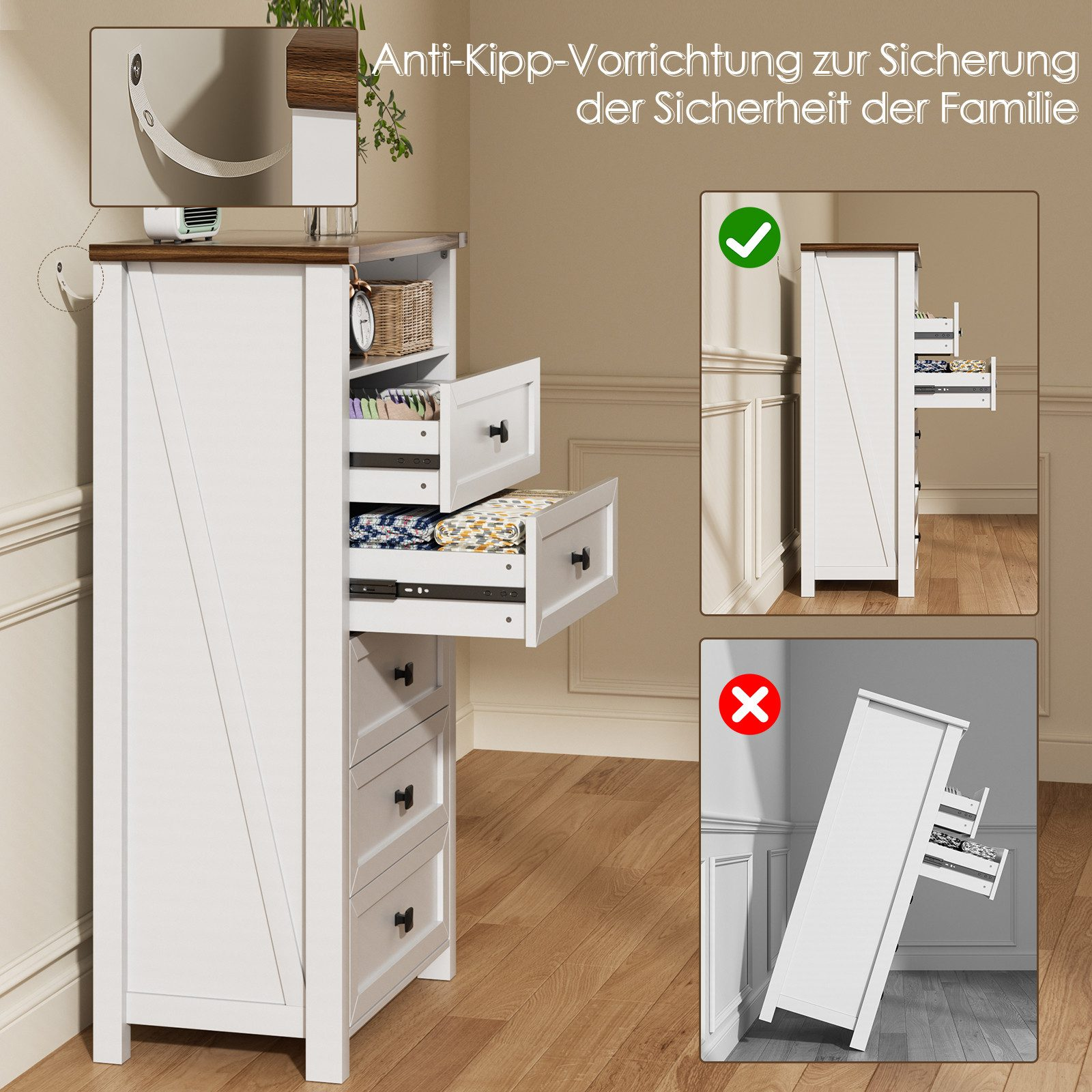 Weißer Schrank mit Schubladen und Anti-Kipp-Vorrichtung. Zeigt sichere und unsichere Montage.