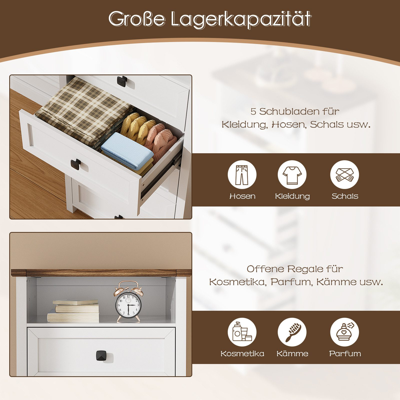 Eine Kommode mit offenen Schubladen und Regalen, die Kleidung und Kosmetik zeigt.