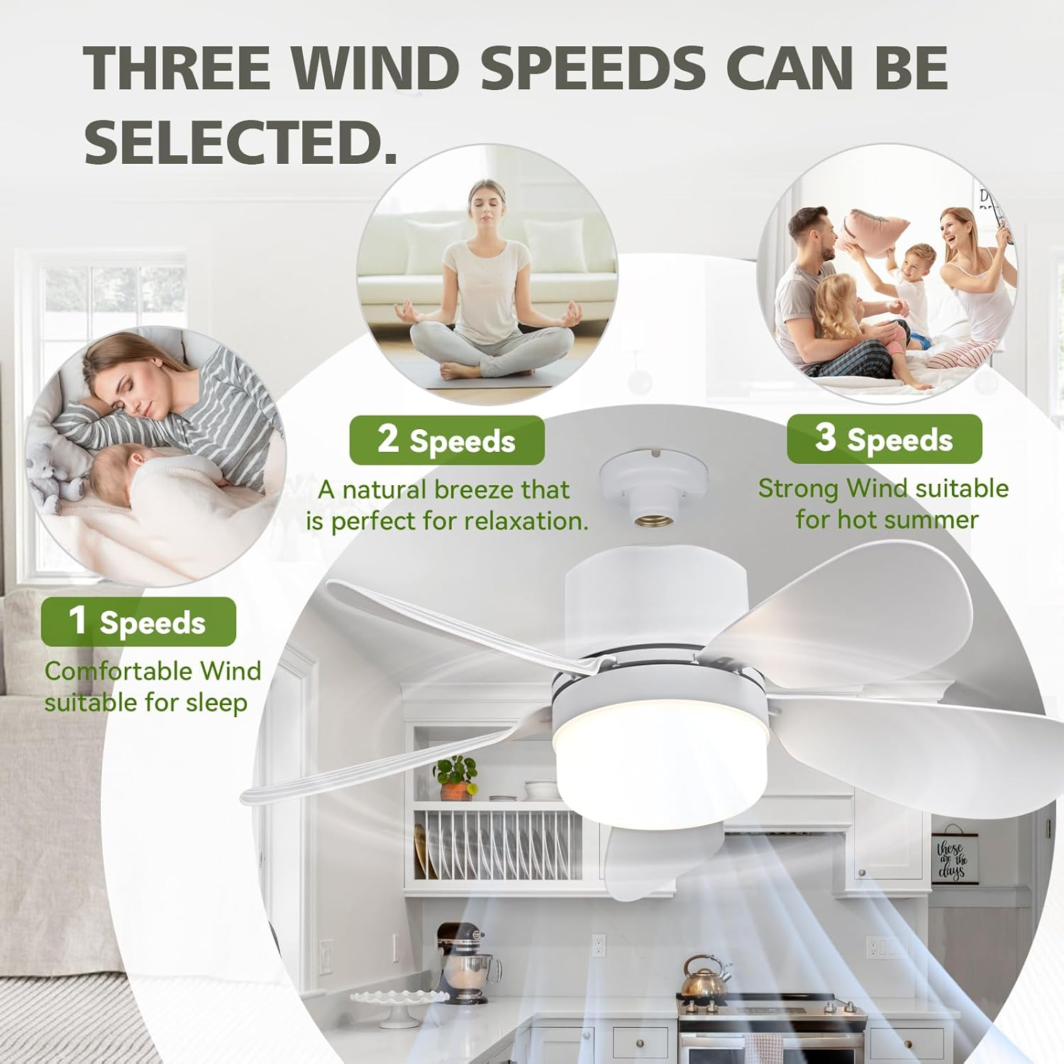 Deckenventilator mit 3 Geschwindigkeiten für Schlaf, Entspannung, Sommer.