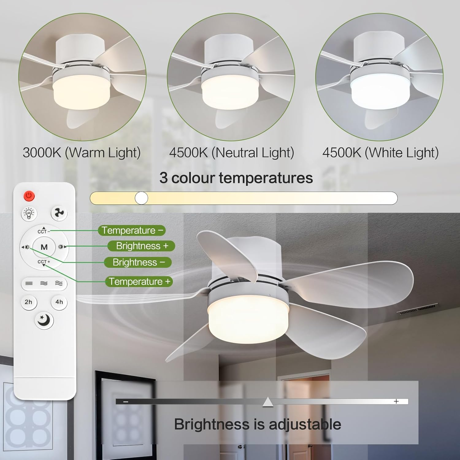 Deckenventilator mit einstellbarer Helligkeit und drei Farbtemperaturen: Warm, Neutral, Weiß.