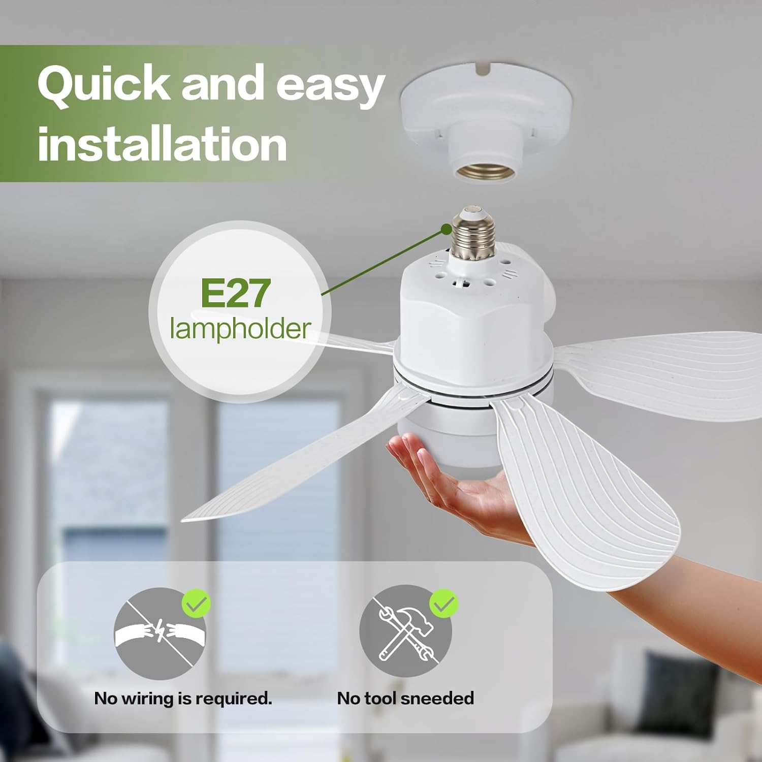 Ein weißer Deckenventilator mit E27-Lampenfassung wird in eine Deckenhalterung geschraubt.