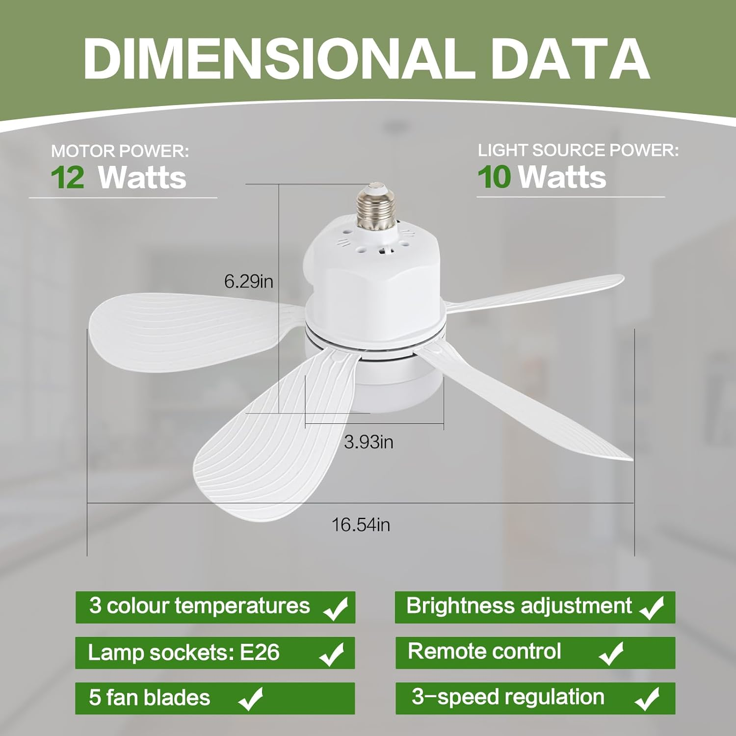 Weiße Deckenventilator-Lampe mit Maßen und Funktionen wie 3 Farbtemperaturen.