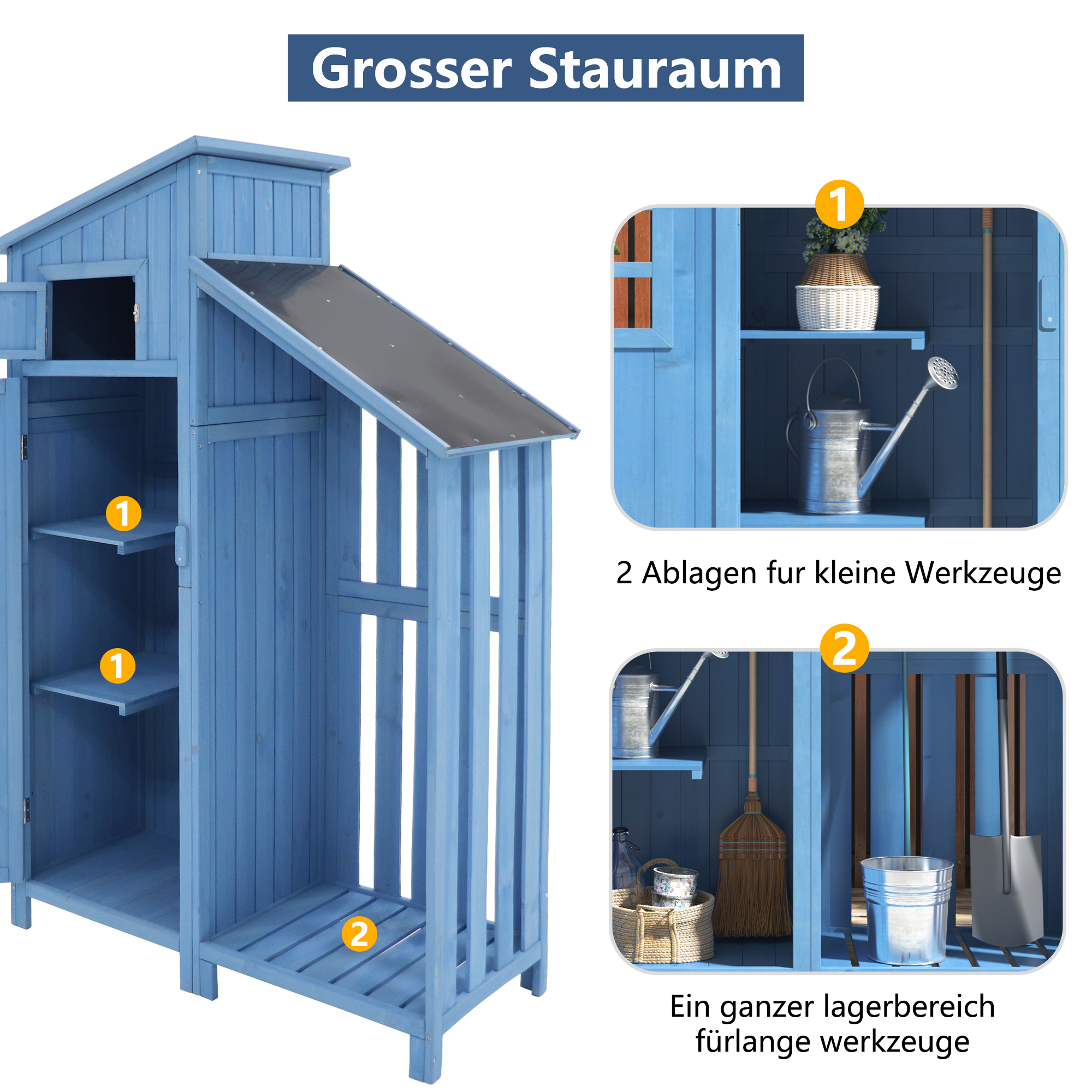Ein blauer Holzschuppen mit Regalen und Fächern für Werkzeuge.