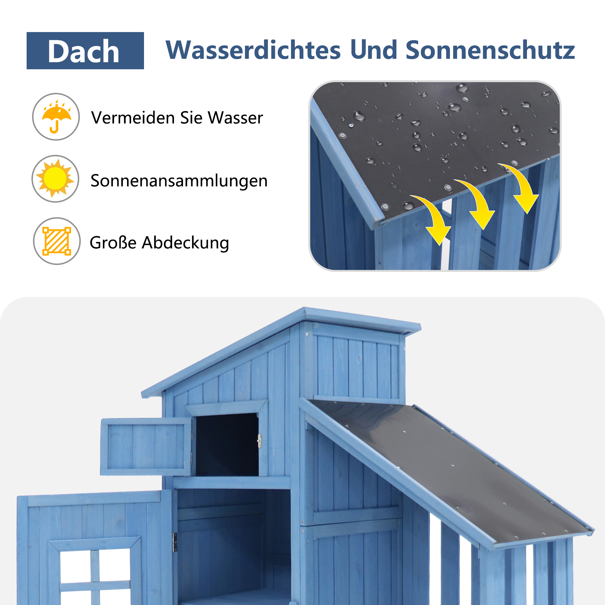Blaues Holzhausdach mit Wasserschutz und Sonnenschutz.