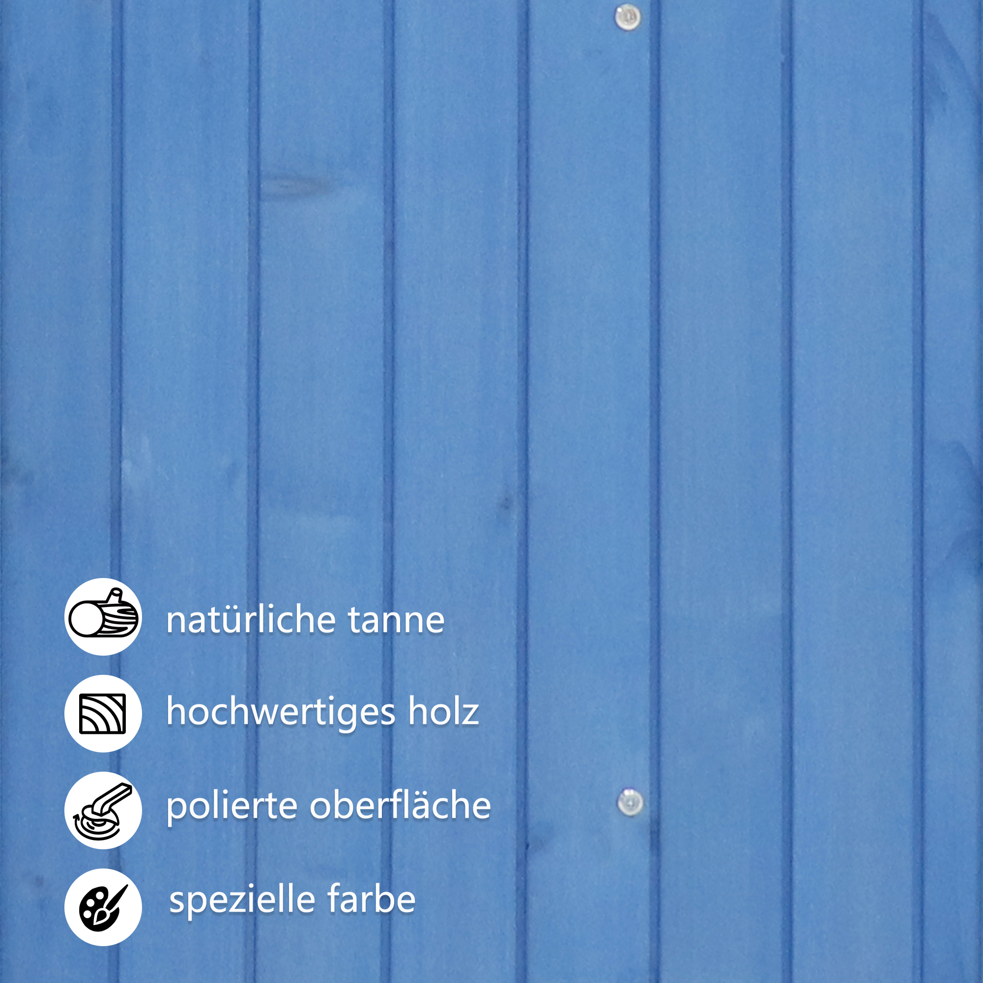 Blaue Holzpaneele mit Icons für natürliche Tanne, hochwertiges Holz, polierte Oberfläche und spezielle Farbe.