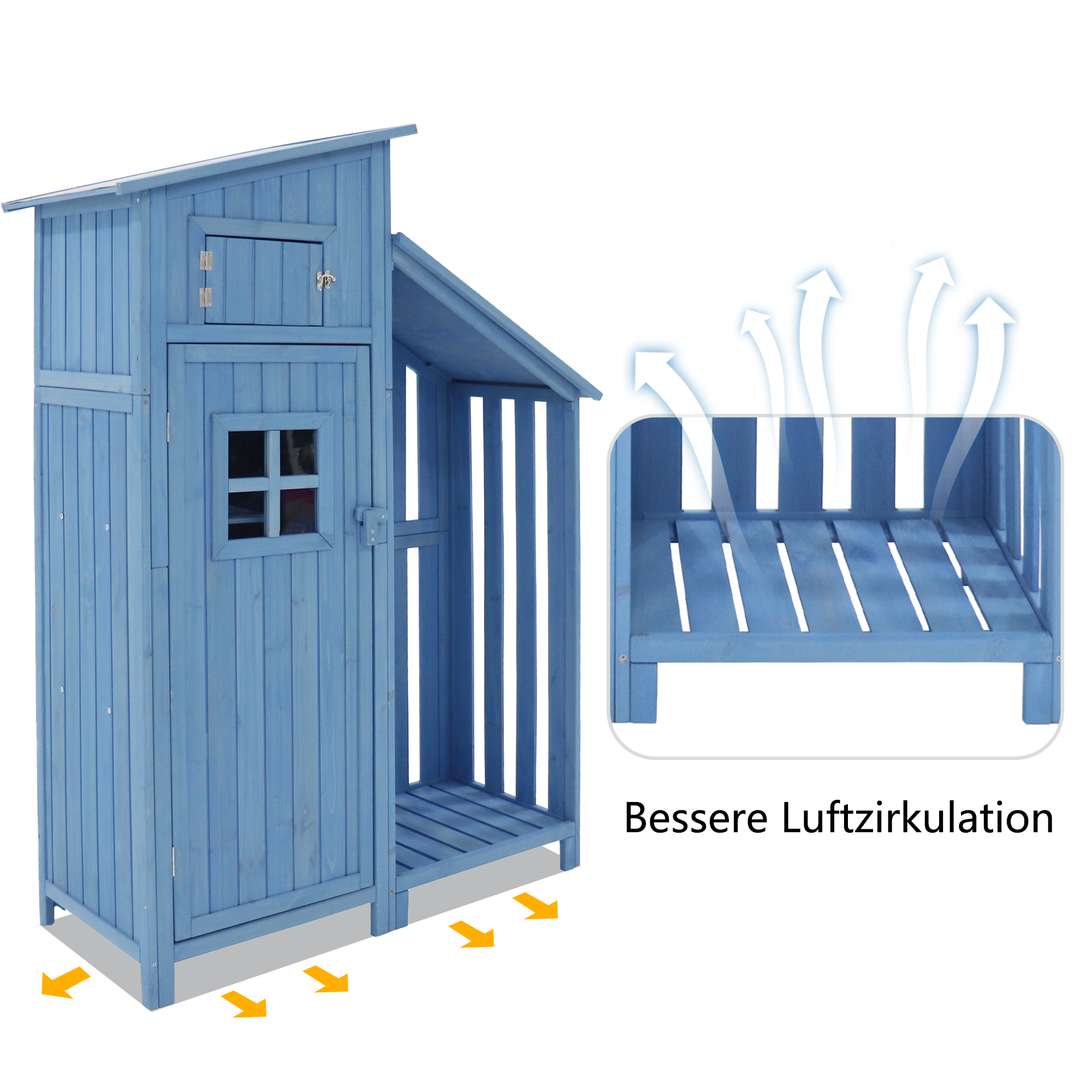 Blaue Holzschuppen mit Lüftungspfeilen und Text.
