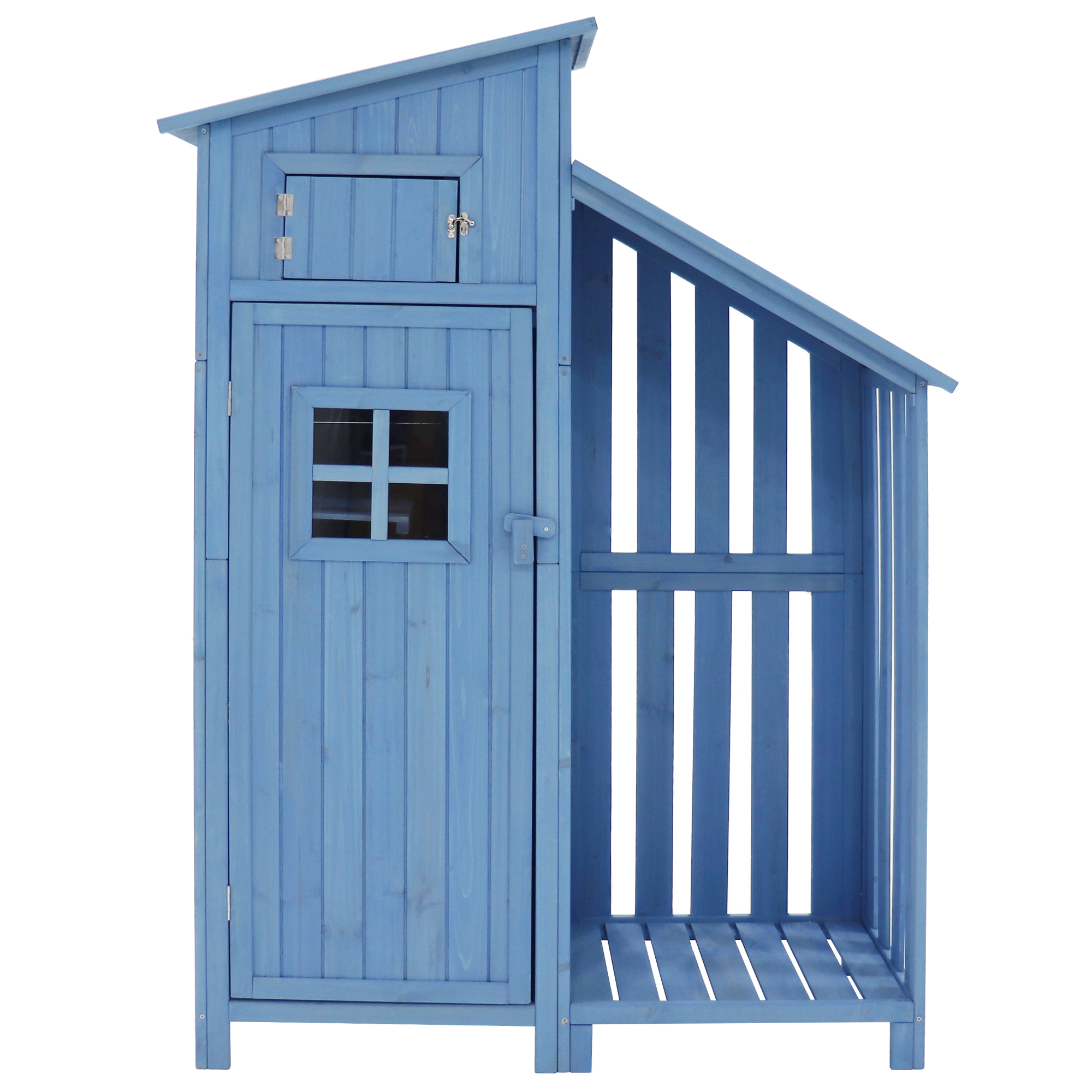 Ein blaues Holzschuppen-Lager mit Tür, Fenster und offenem Regal.