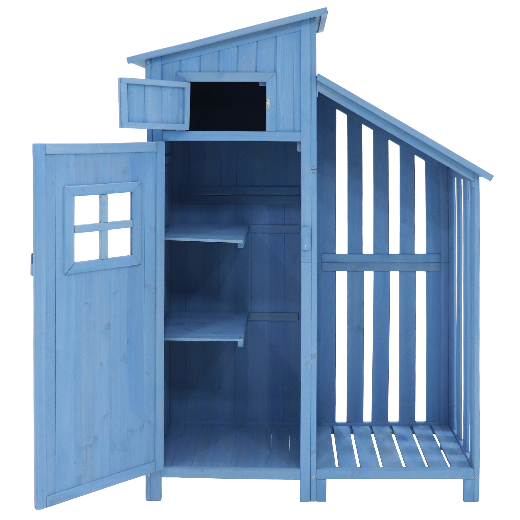 Ein blaues Holzhaus mit geöffneter Tür, Regal und offenem Fach.