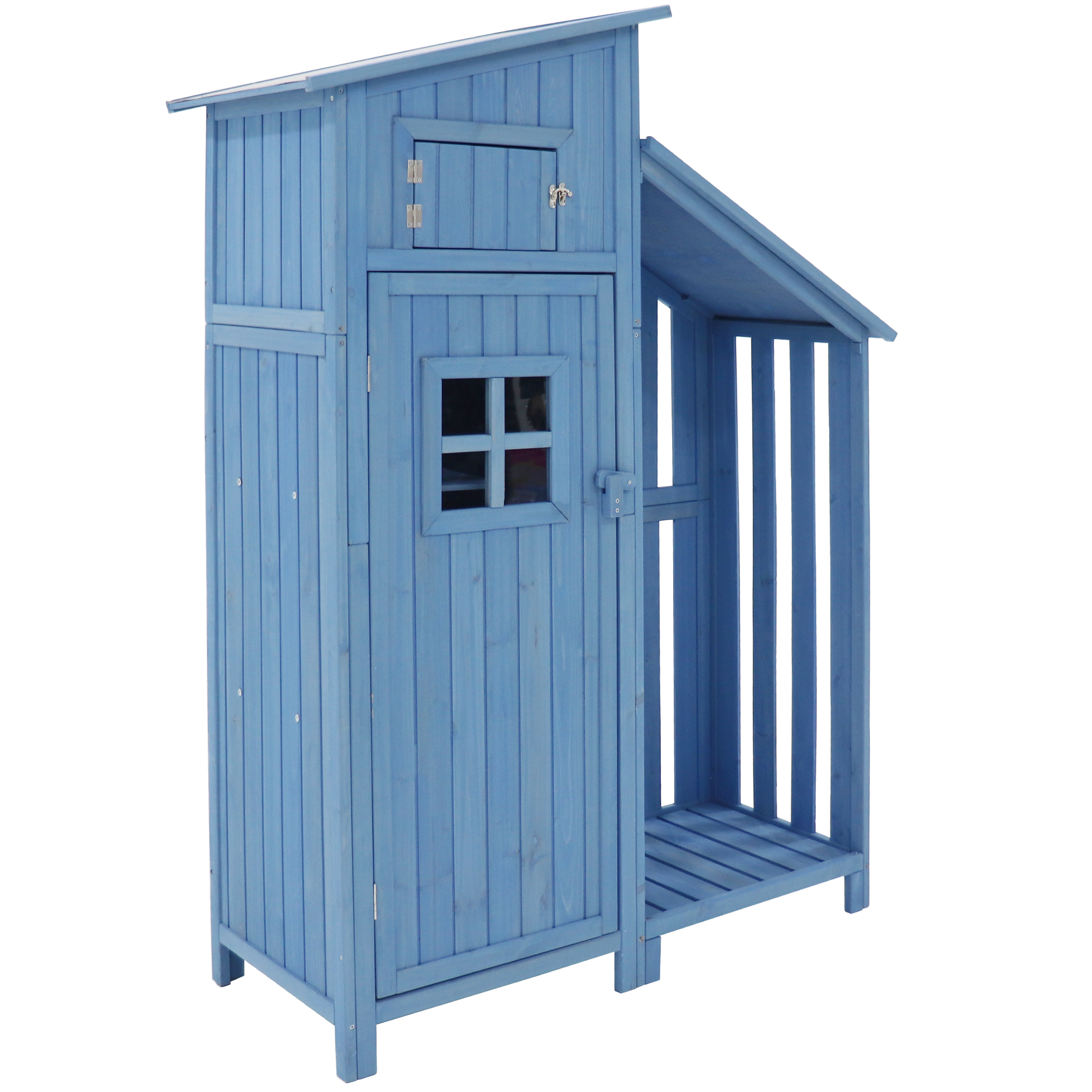 Blaue Holzschuppen mit einem kleinen Fenster und einem offenen Lagerbereich.