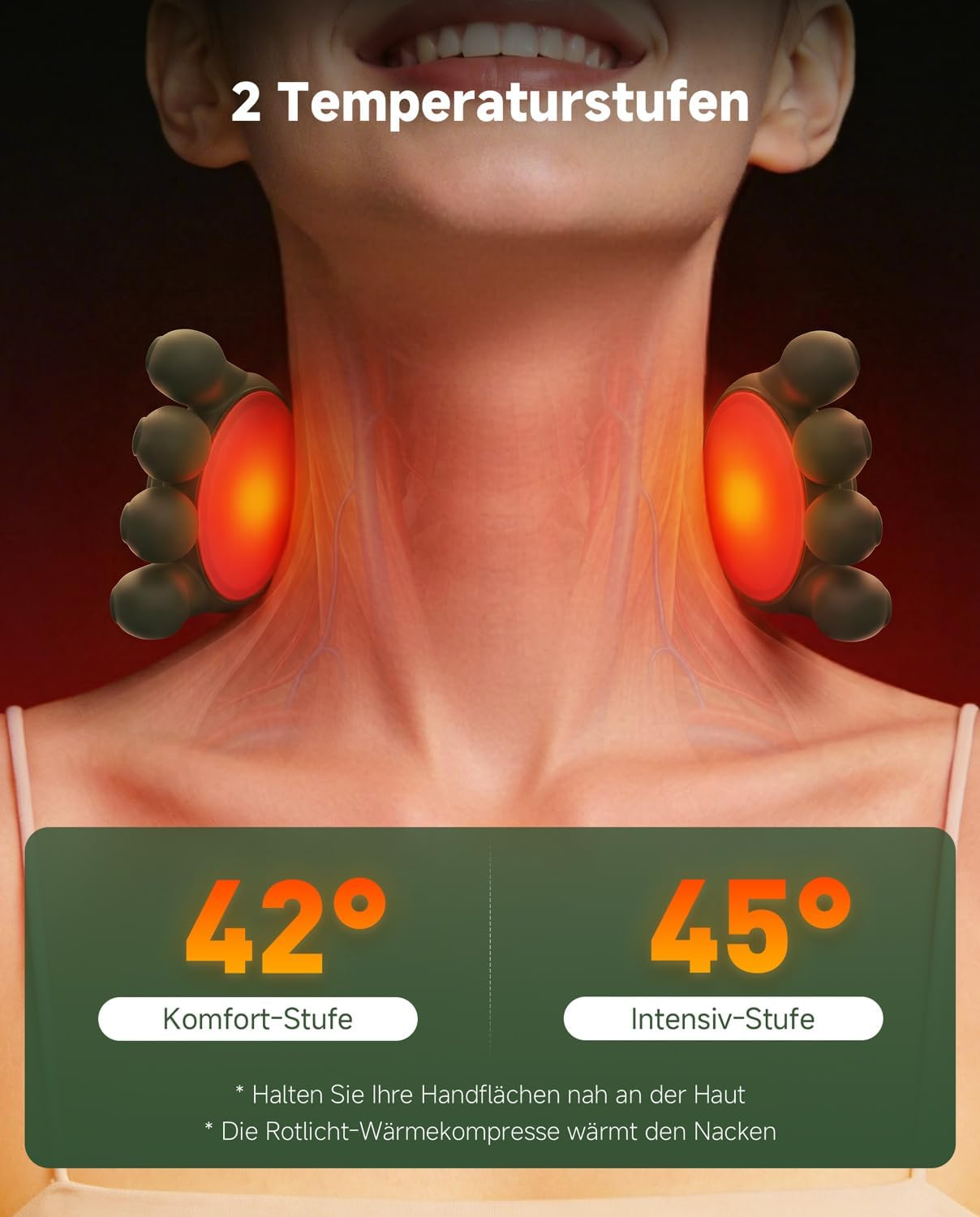 Nackenmassagegerät mit zwei Temperaturstufen: 42° Komfort und 45° Intensiv.