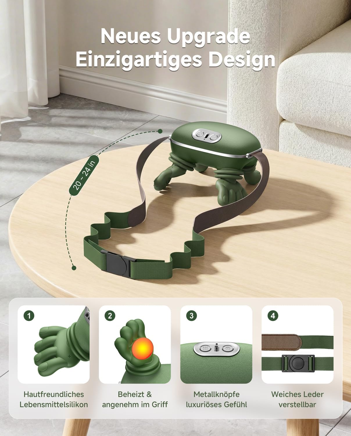 Grünes Massagegerät mit Riemen auf einem Holztisch. Untere Reihe zeigt Details.