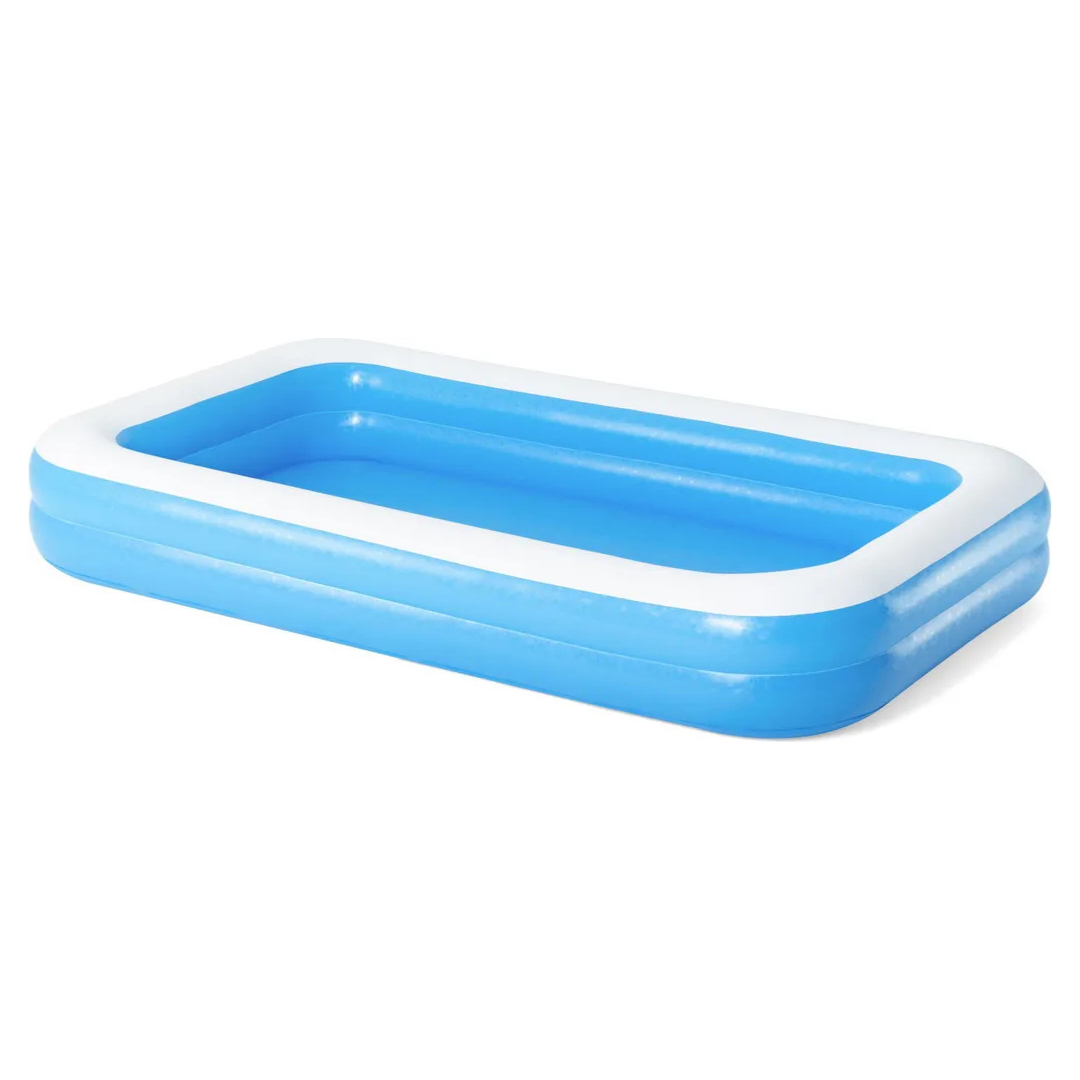 Aufblasbarer rechteckiger Pool, blau und weiß.