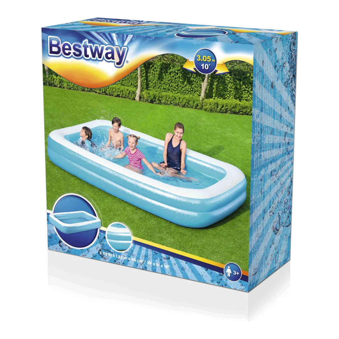 Bestway Poolbox mit Kindern, die in einem blauen aufblasbaren Pool auf Gras spielen, mit einem Hintergrund aus grünen Büschen.