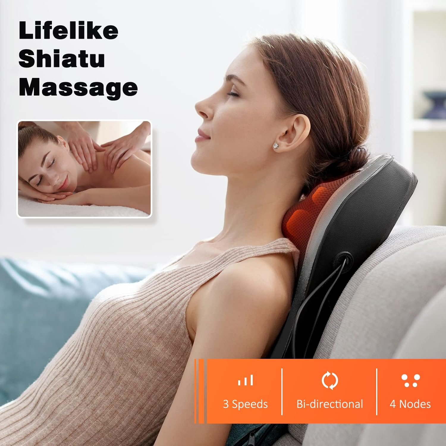 Eine Frau genießt eine Nackenmassage mit einem Shiatsu-Massagegerät mit 3 Geschwindigkeiten.