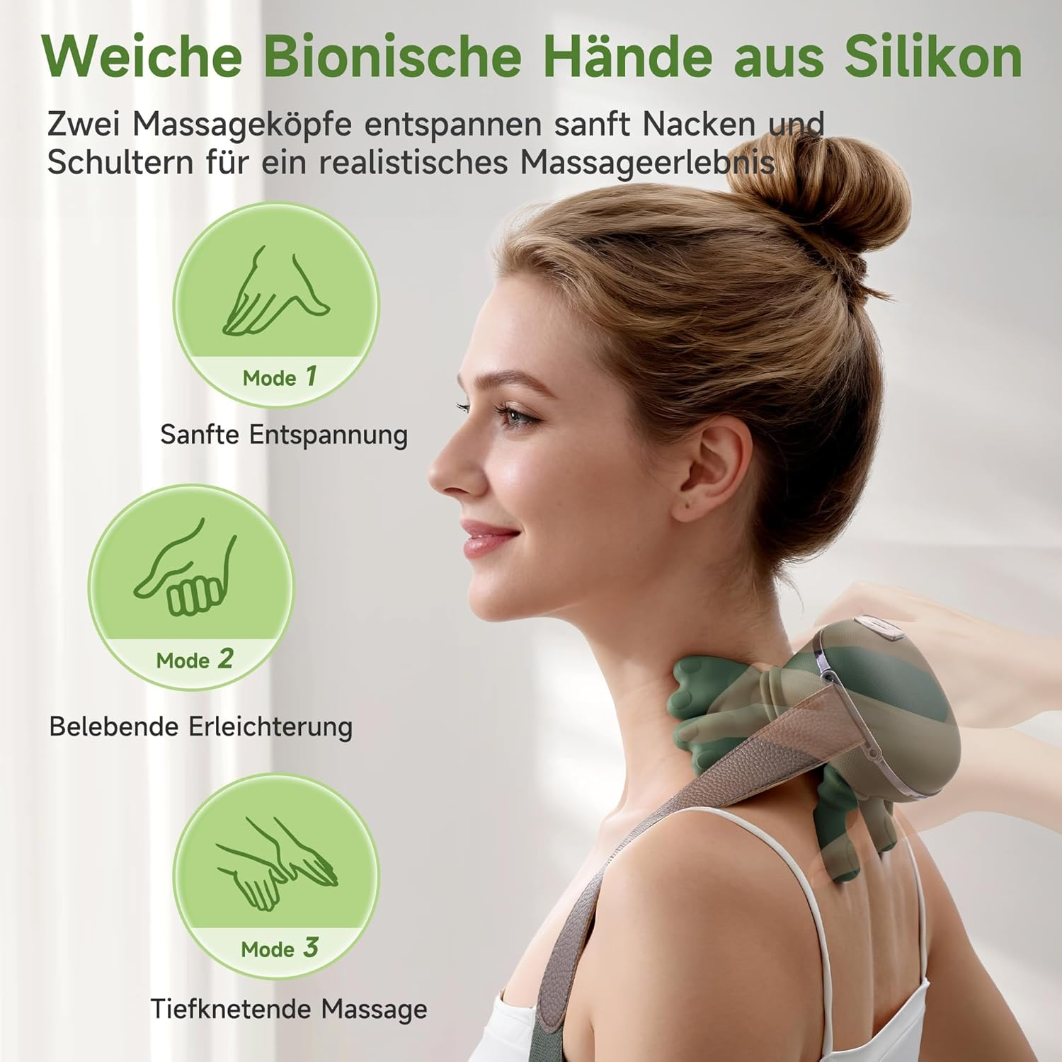 Frau mit Massagegerät am Nacken, mit Modi-Symbolen.