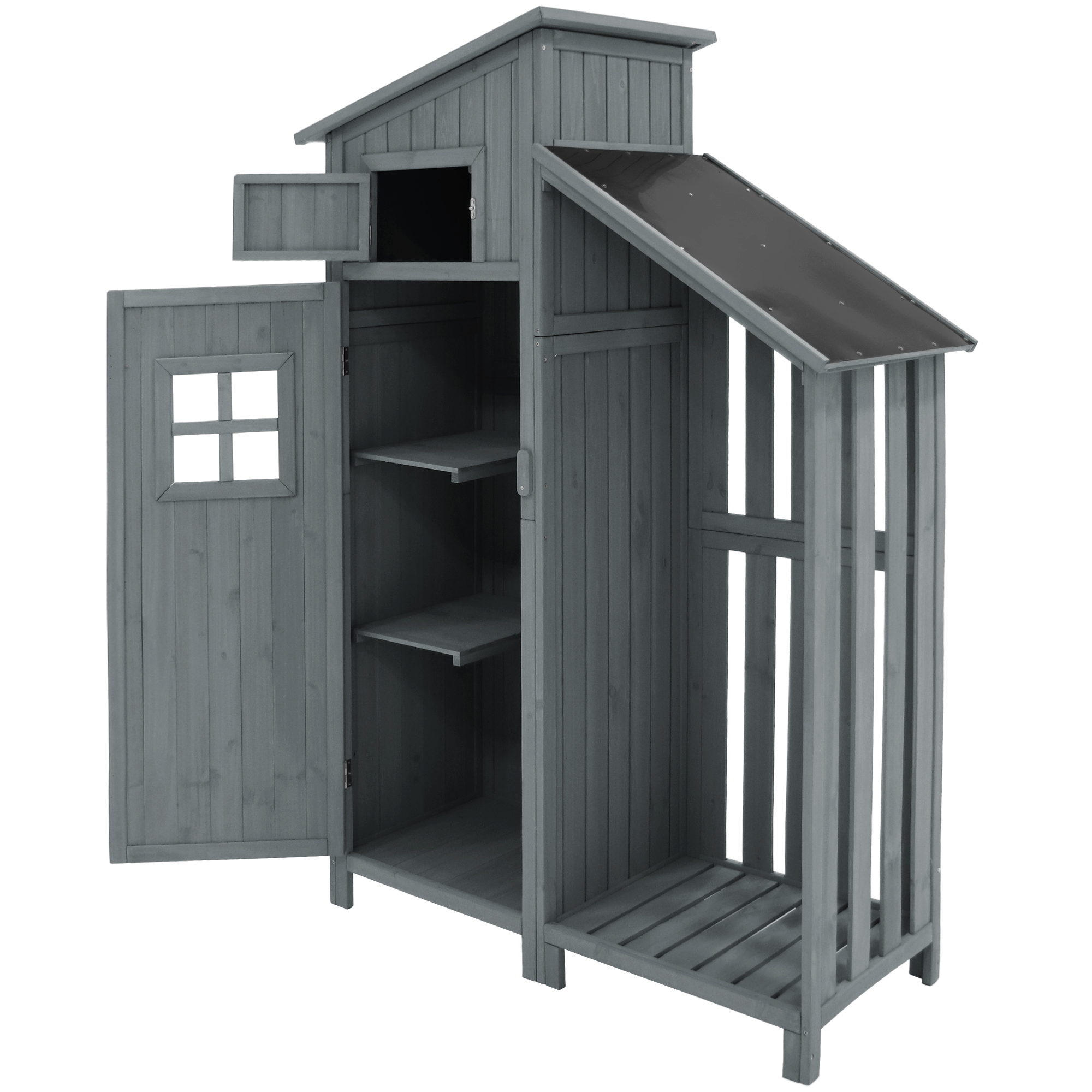 Grauer Holzschrank mit zwei offenen Fächern, einem mit Fenster, und einem offenen Regal.