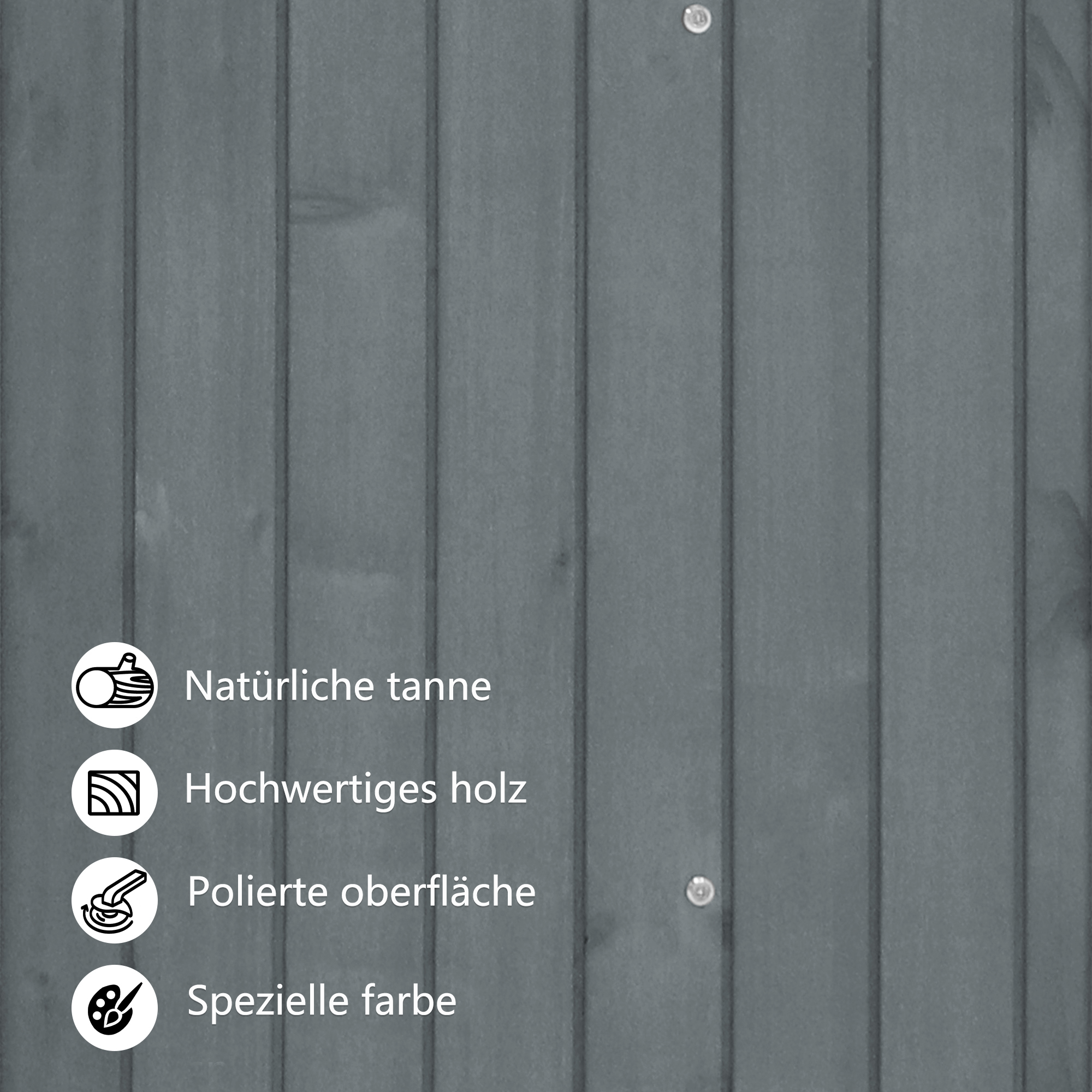 Graue Holzbretter mit weißen Symbolen und Text.