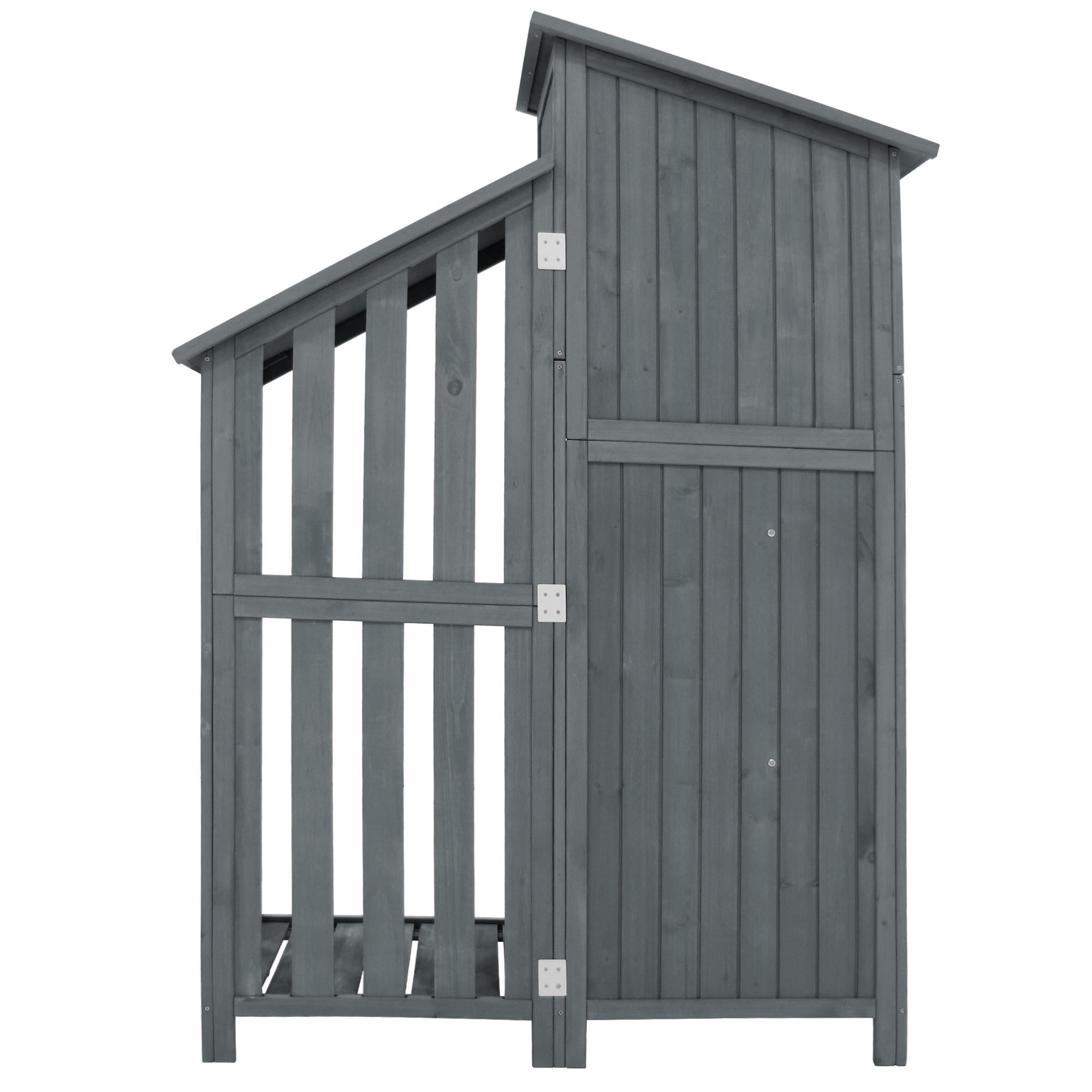 Graues Holzhaus mit schräger Dachlinie und Lamellenfront.