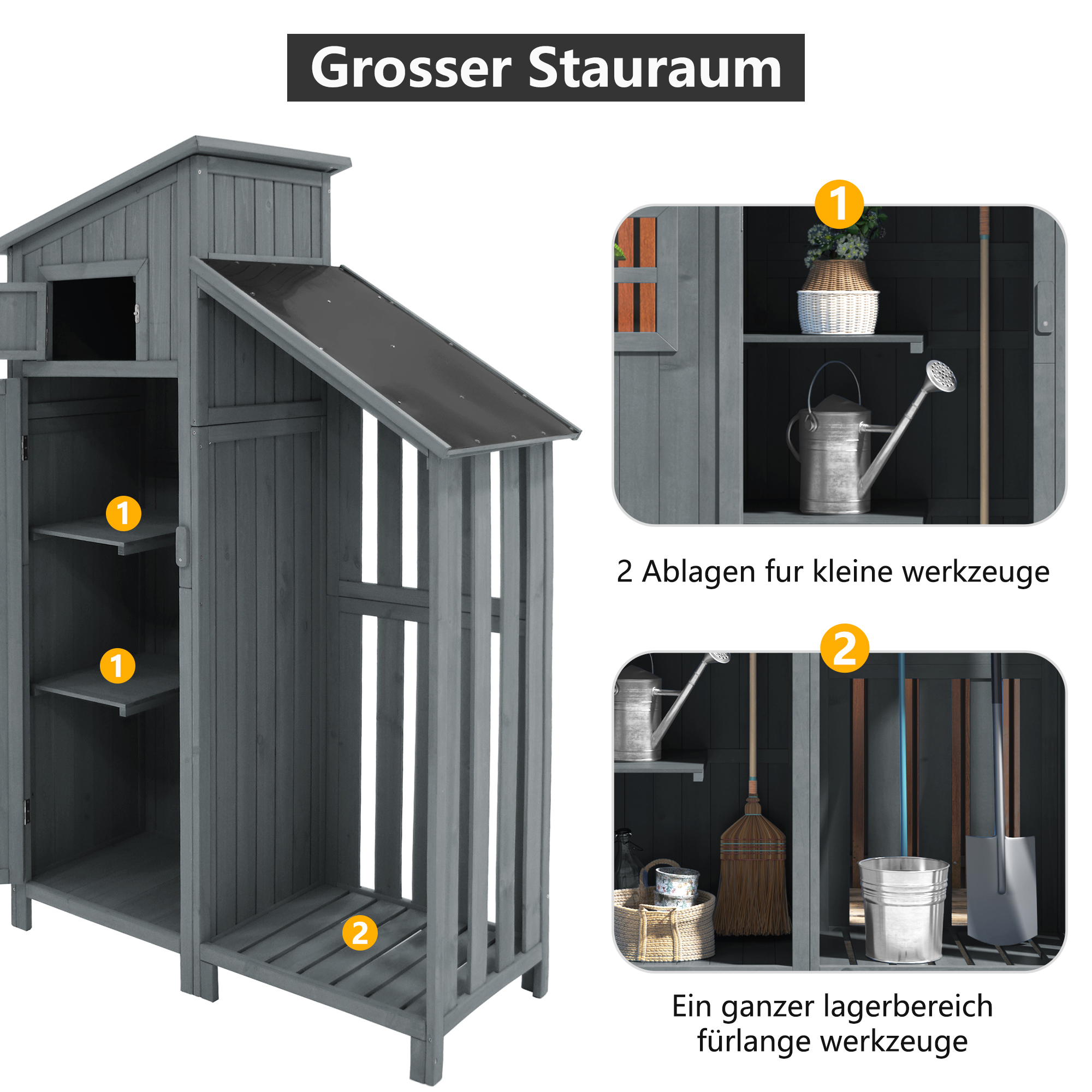 Grauer Holzschuppen mit Regalen und Werkzeugen. Großer Stauraum.