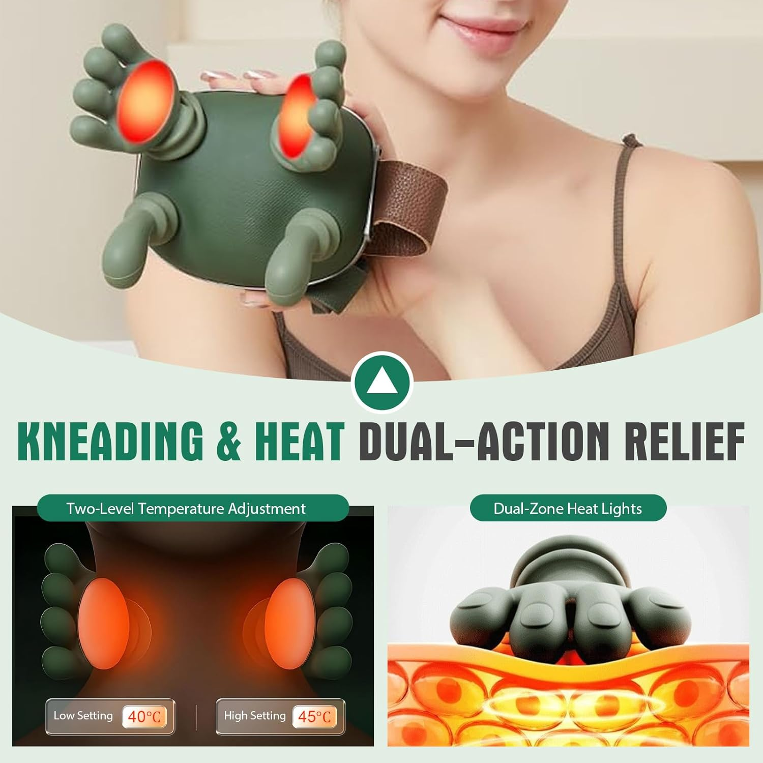 Ein Handmassagegerät mit Klauen und roten Lichtern, daneben Einstellungen.