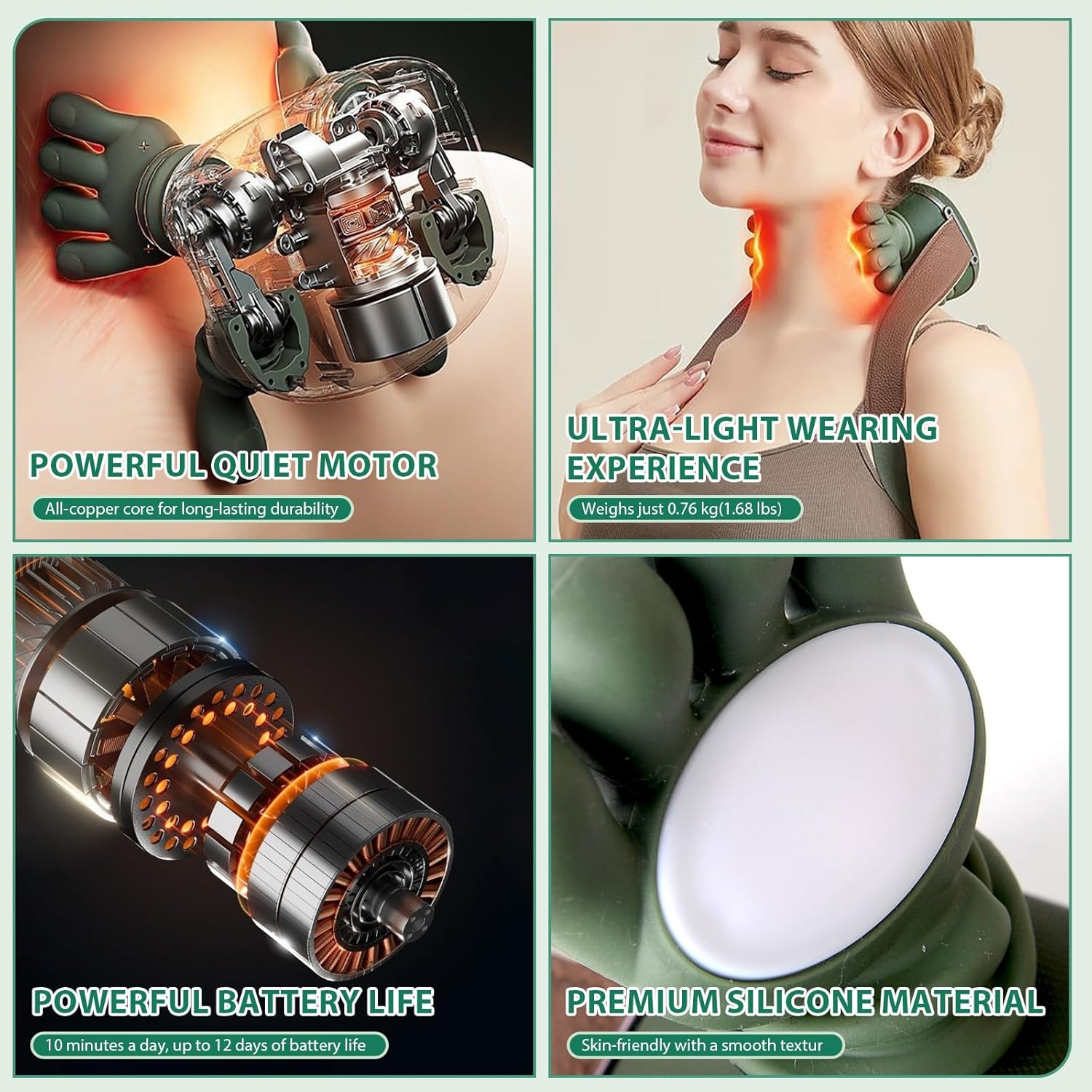 Collage zeigt den Motor eines Nackenmassagegeräts, eine Frau, die es trägt, seinen Akku und Silikonmaterial.