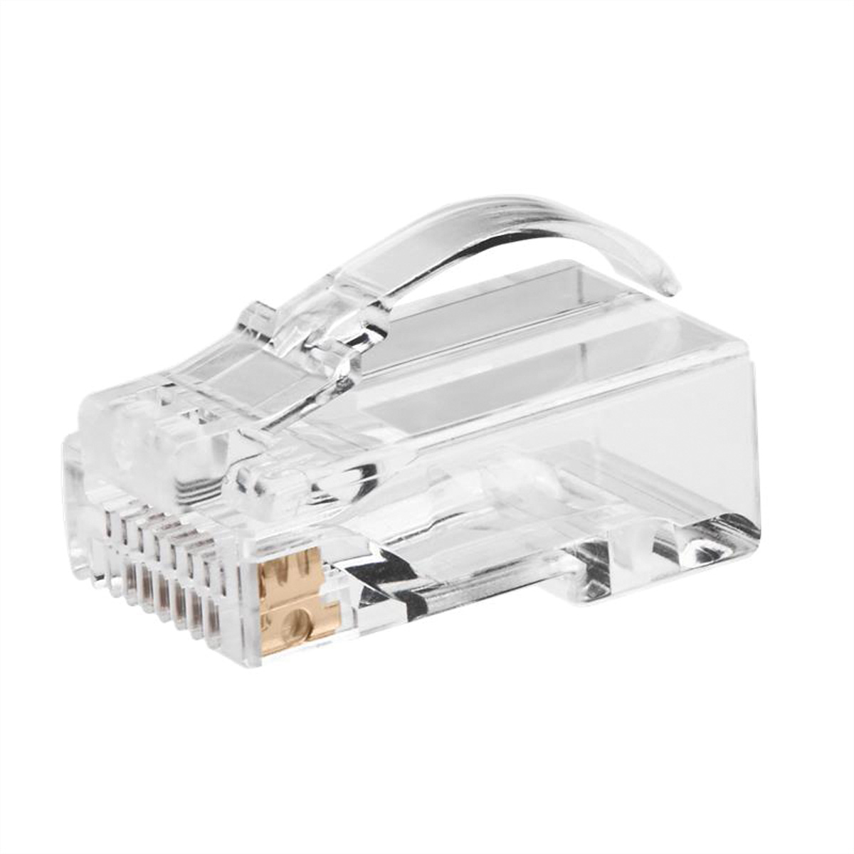 Ein transparenter RJ45-Stecker mit goldenen Kontakten auf weißem Hintergrund.