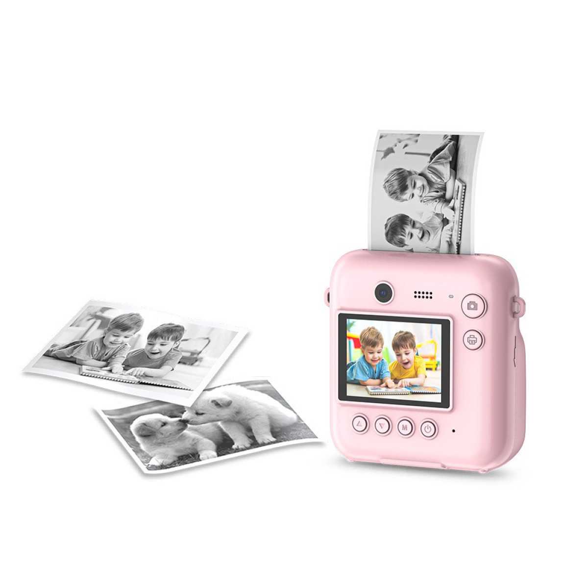 Ein rosa Sofortbildkamera-Drucker mit Fotos von Kindern und Welpen.