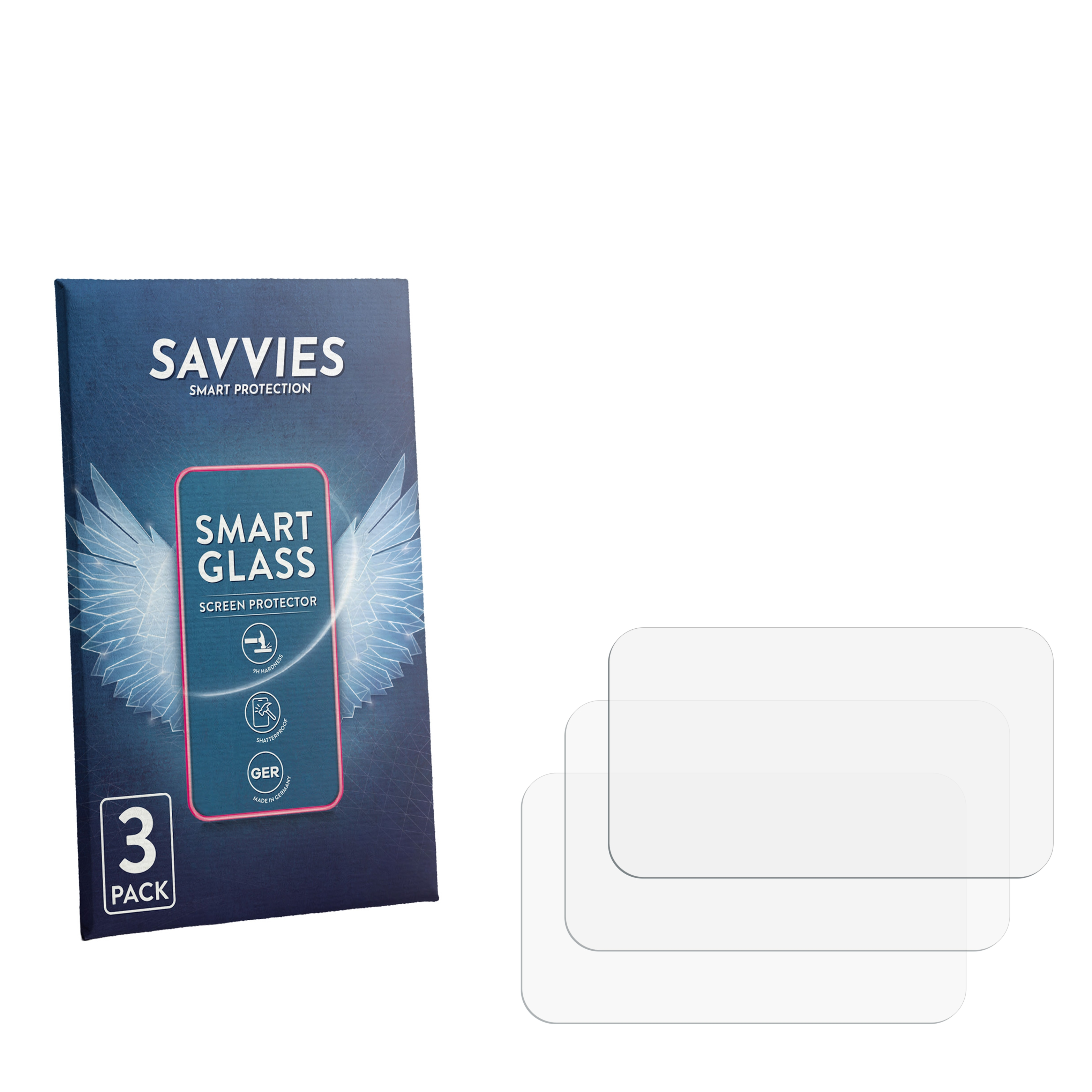 Verpackung für 3 Displayschutzfolien aus Glas, mit "Savvies" Logo und "Made in Germany" Aufdruck.