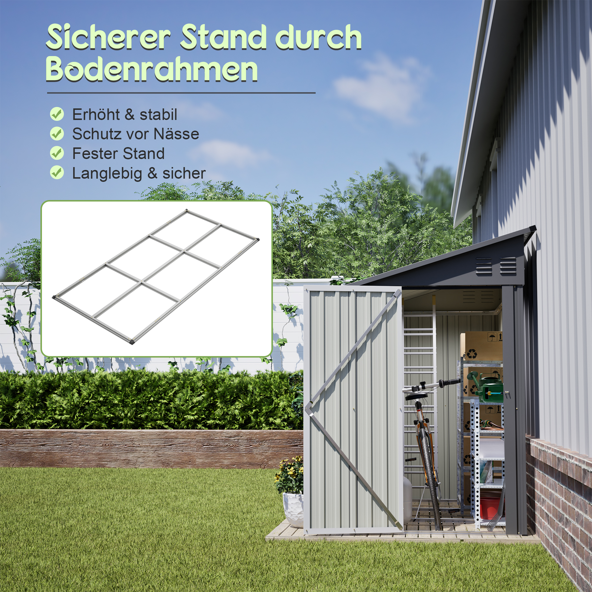 Ein Gartenhaus mit Bodenrahmen, Fahrrad und Regalen im Inneren.