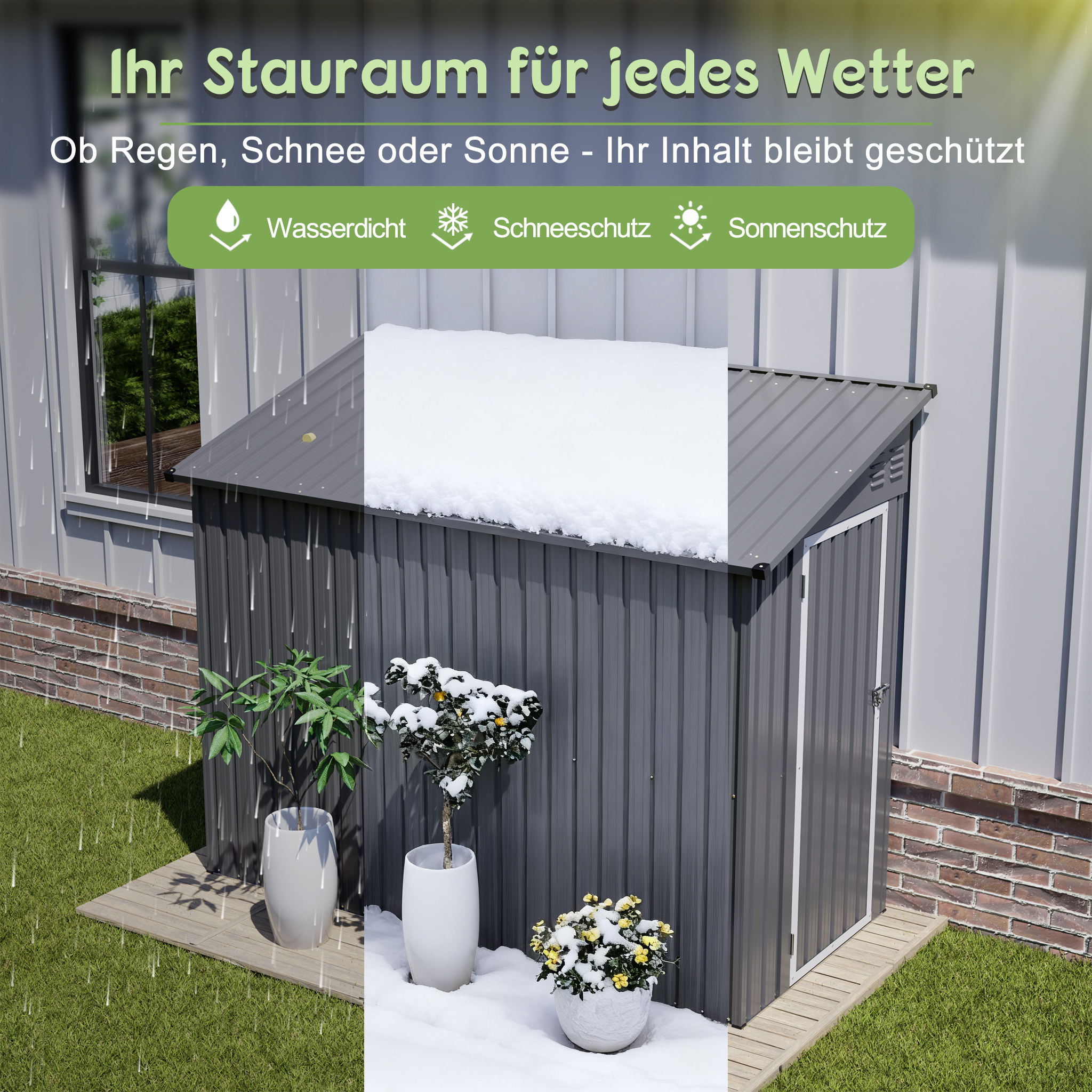 Grauer Gartenschuppen mit Schnee auf dem Dach, bei Regen und Sonnenschein.