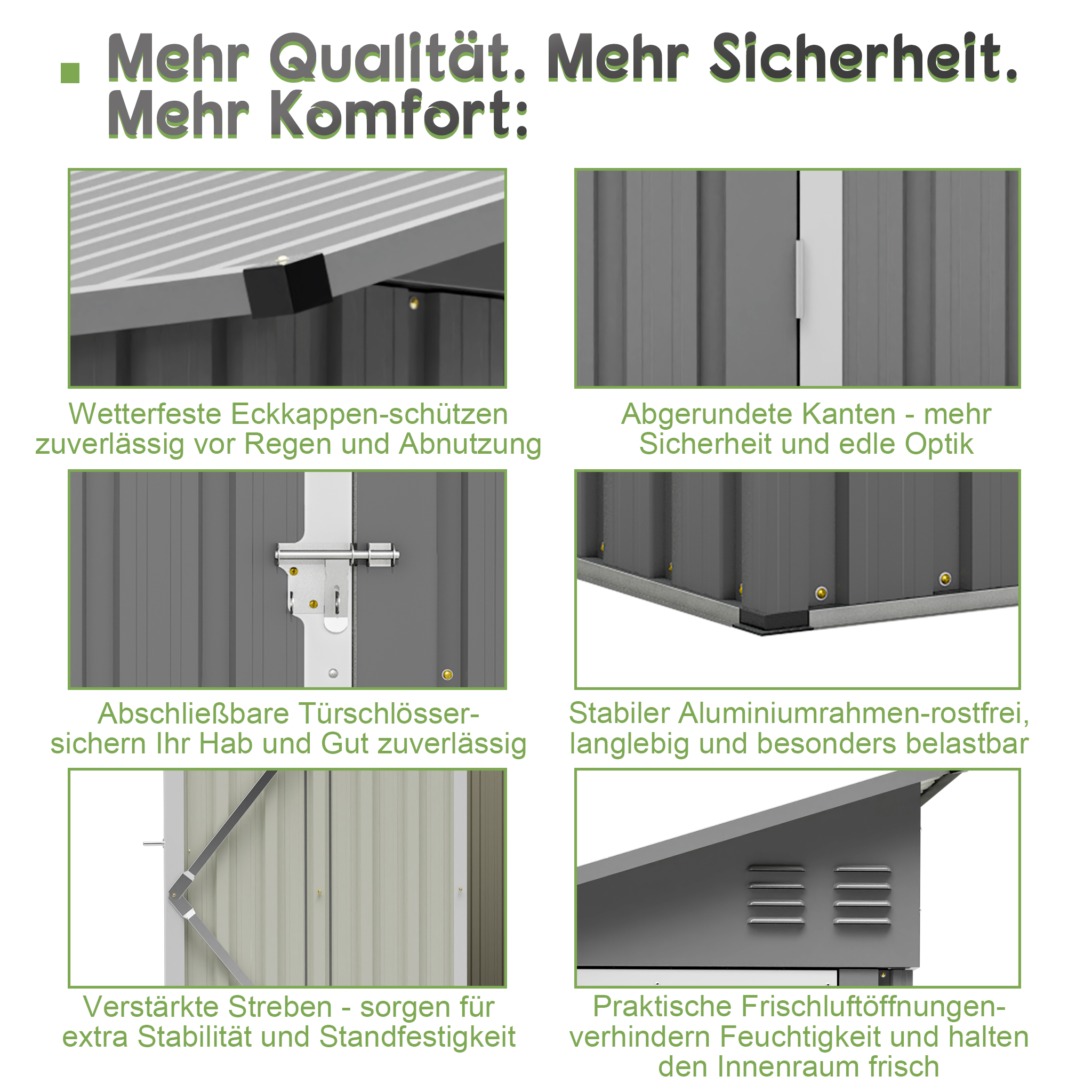 Übersicht über Gartenhaus-Funktionen: wetterfeste Ecken, abgerundete Kanten, abschließbare Tür, stabiler Rahmen, Verstärkungen, Lüftung.