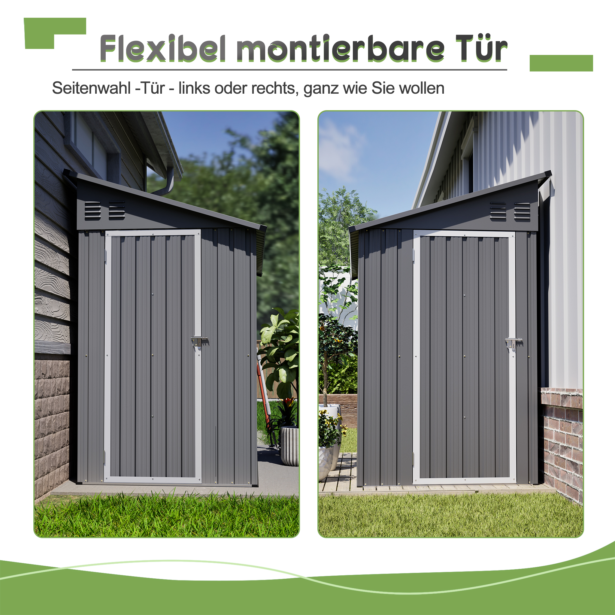 Zwei graue Gartenschränke mit Türen, links und rechts nebeneinander.