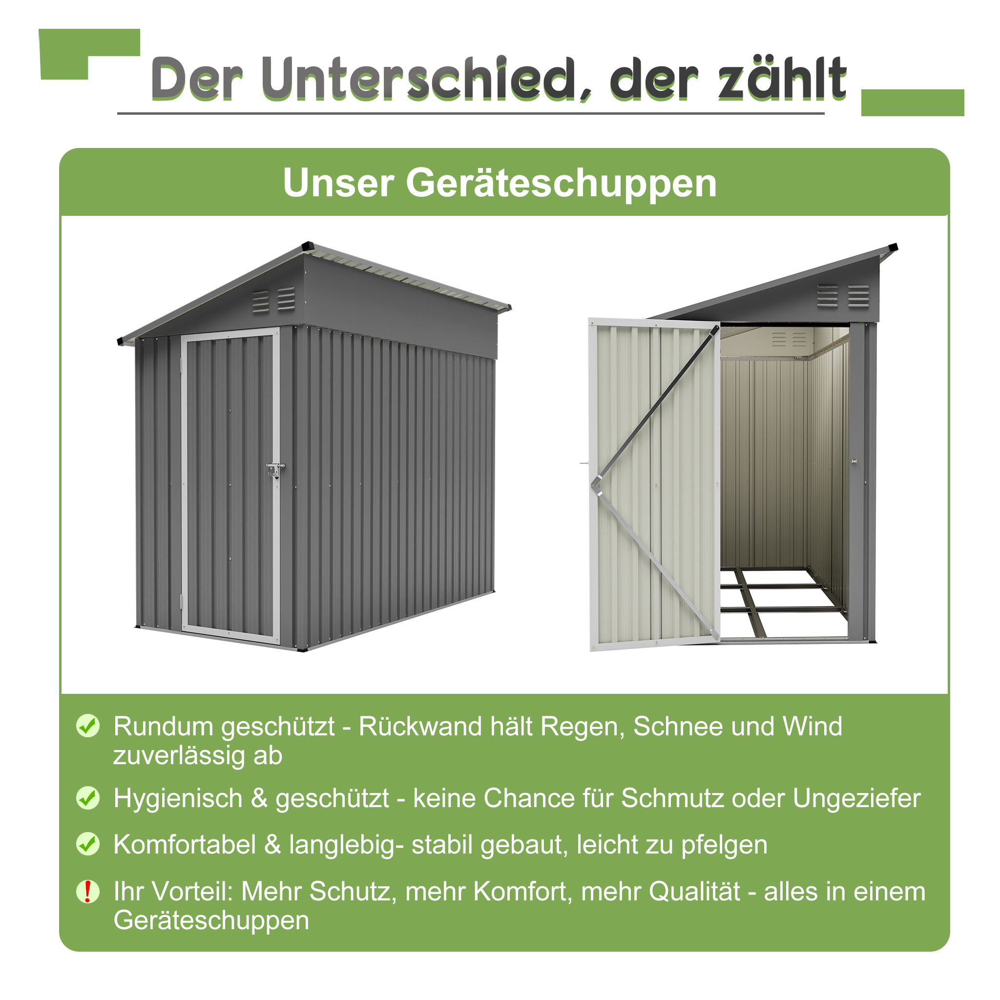 Grauer Metall-Geräteschuppen, eine Tür geschlossen, eine offen.