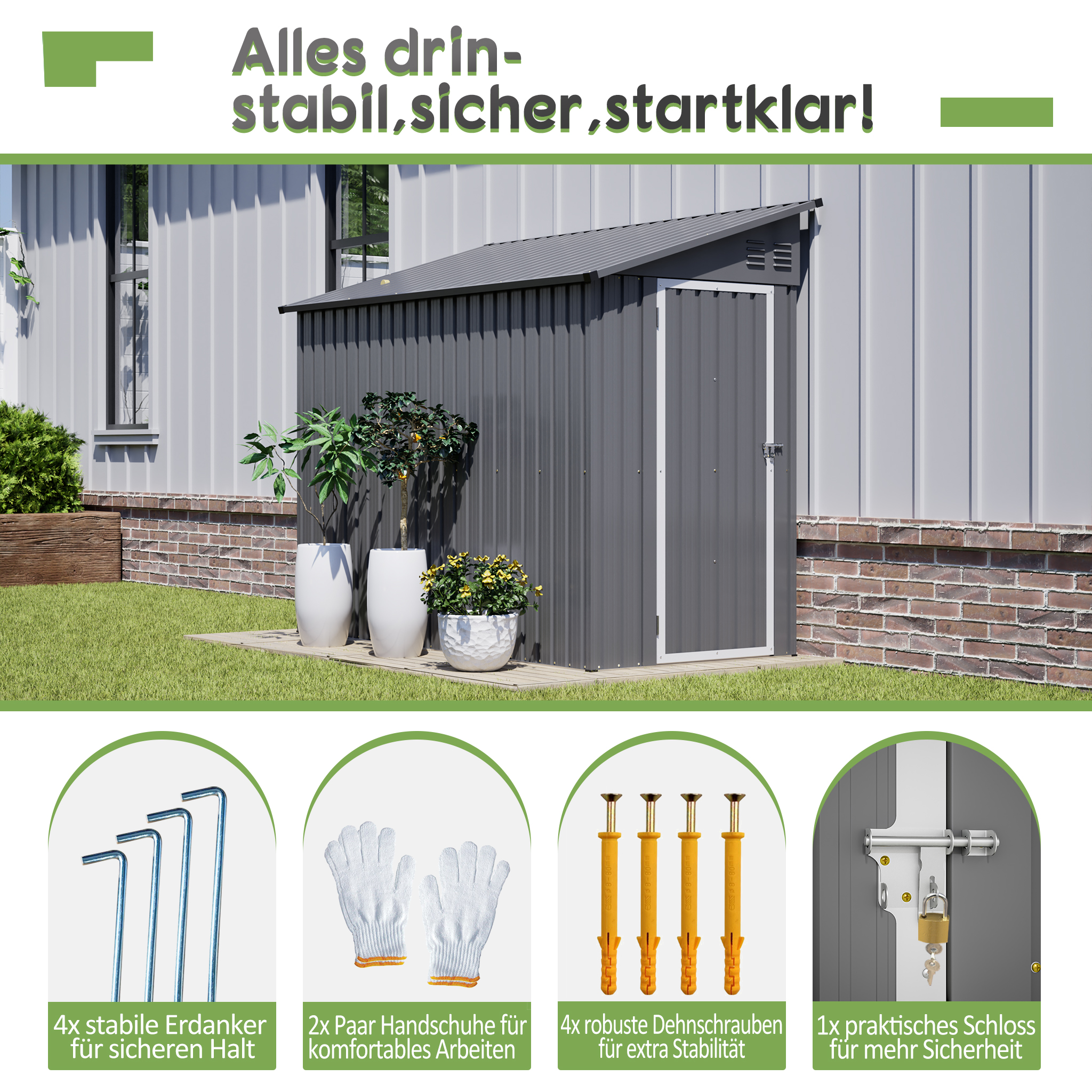 Ein grauer Geräteschuppen mit Zubehör: Erdanker, Handschuhe, Schrauben, Schloss.