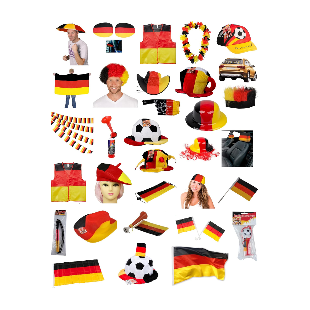 Sammlung von Deutschland-Fanartikeln: Fahnen, Westen, Hüte, Perücken und mehr.