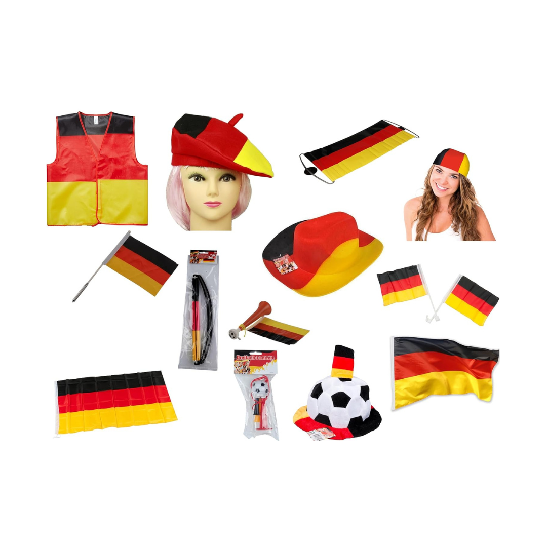 Eine Sammlung von Fanartikeln in Schwarz, Rot und Gold, darunter Flaggen, Hüte und eine Weste.