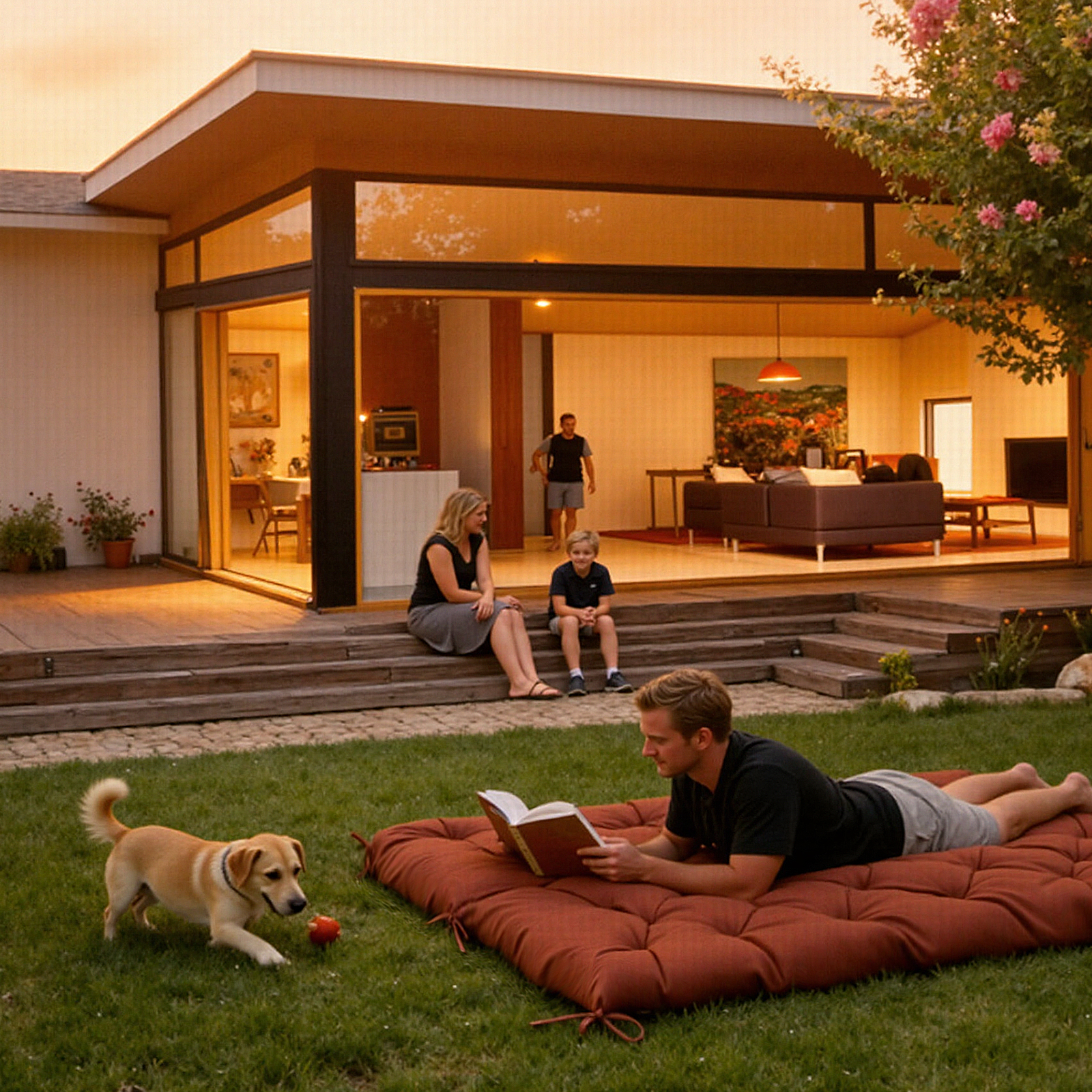 Familie und Hund im Garten bei Sonnenuntergang. Mann liest Buch.