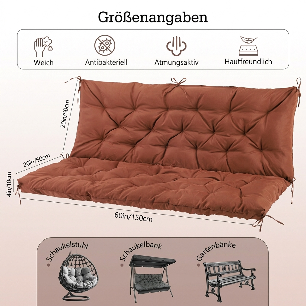 Braune, gesteppte Sitzauflage für Gartenmöbel mit Maßen und Symbolen.