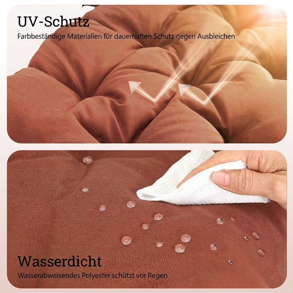 Braune Kissen zeigen UV-Schutz und Wasserdichtigkeit durch Wassertropfen.