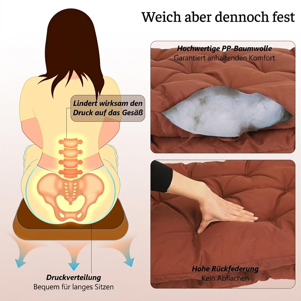 Illustration einer Person auf einem braunen Kissen, das den Druck auf das Gesäß verteilt.